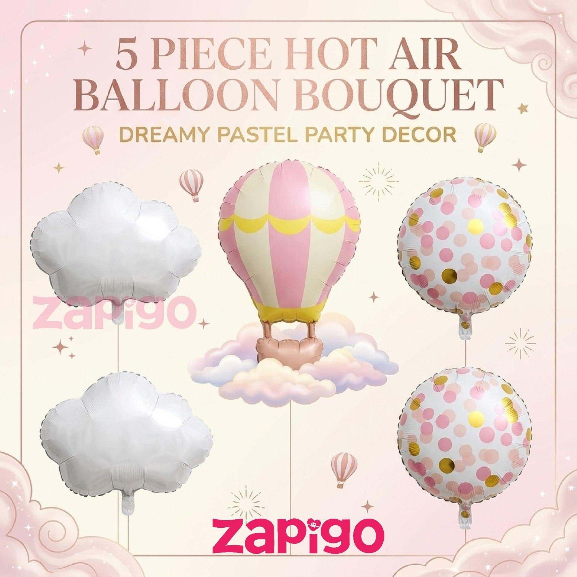 Balloonistics Pink Hotair Balloon And Clouds 1St Birthday Pink Cloud Theme Happy Birthday Balloon Bouquet Pack Of 5 thumbnail 2