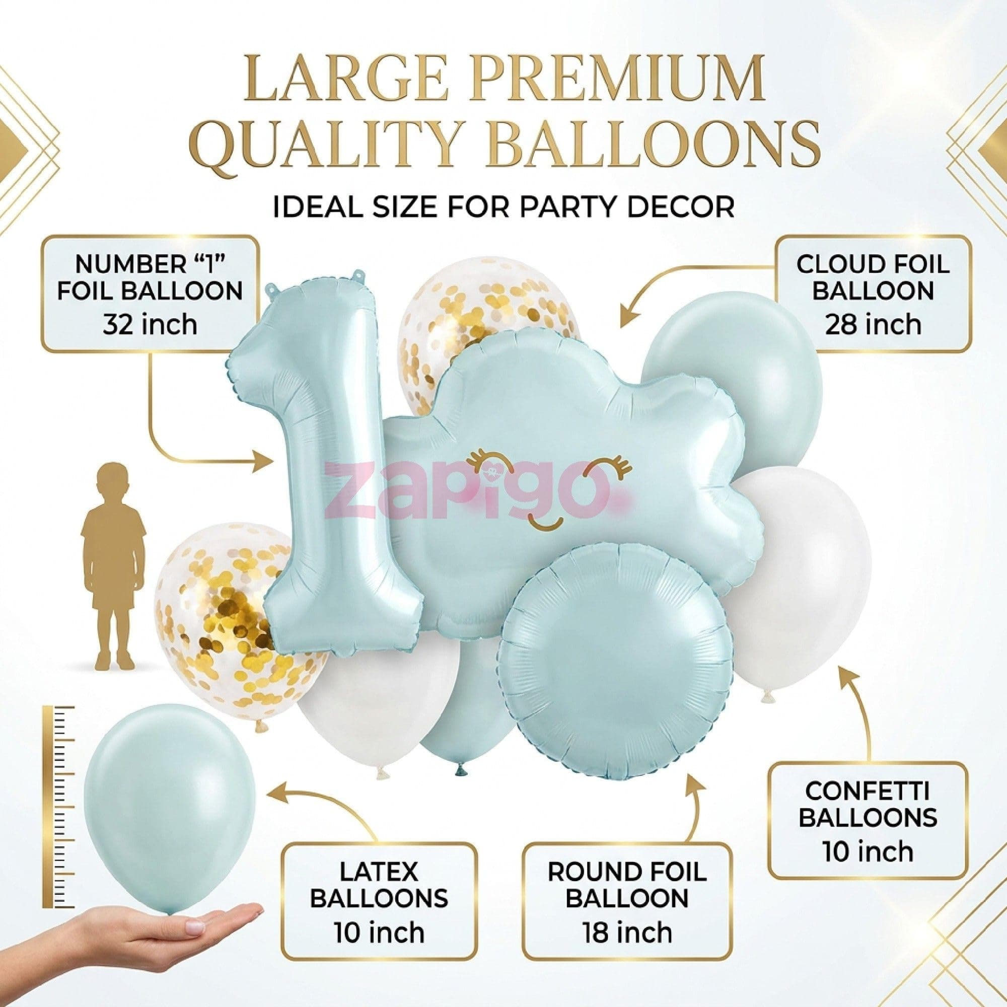 Balloonistics 1st Birthday Blue Cloud Theme Balloon Bouquet - Pack of 9 | Number 1 Foil, Smiling Cloud, Round Foil, Gold Confetti & Latex Balloons | Baby Boy First Birthday Decoration Set thumbnail 4