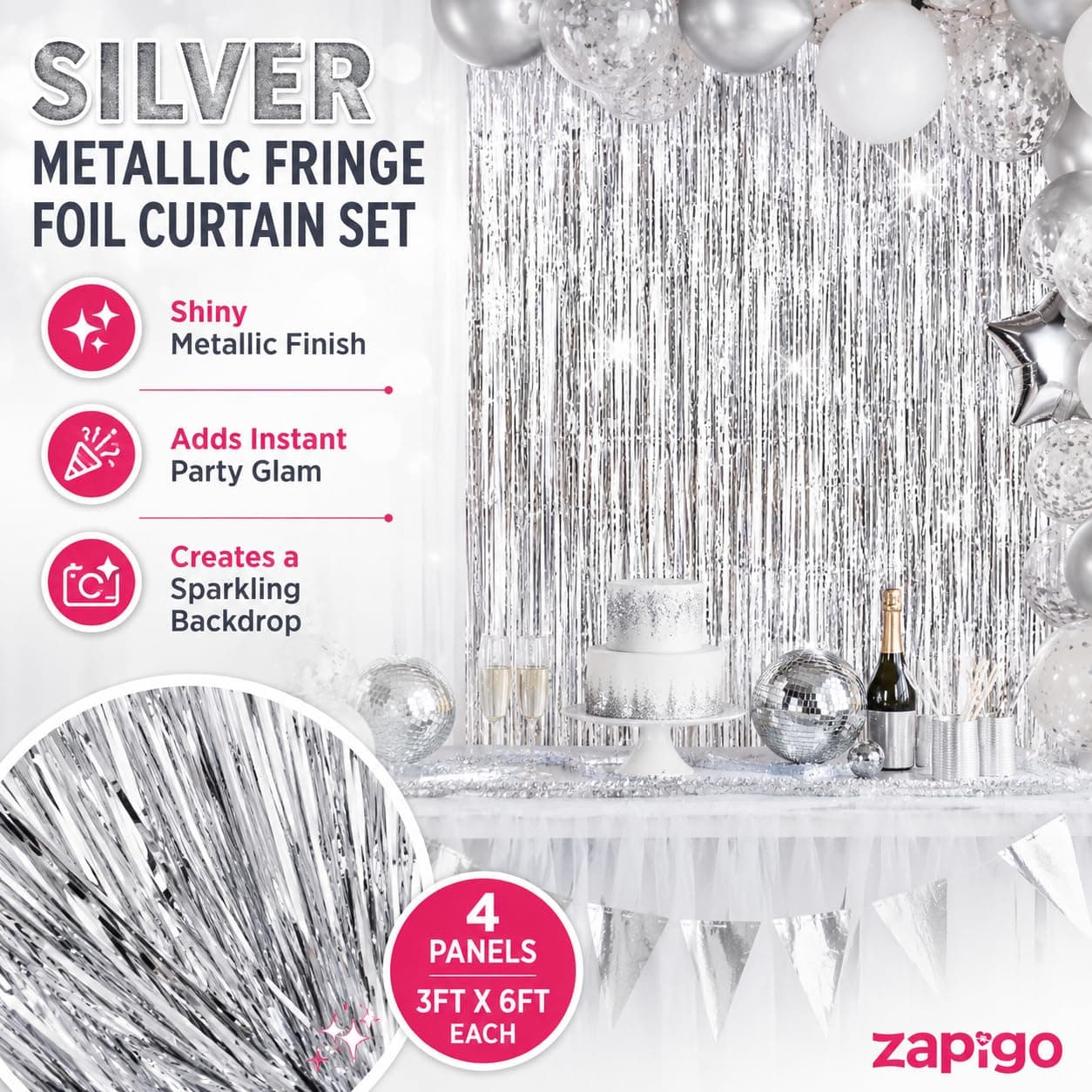Balloonistics Silver Metallic Fringe Foil Curtain – Set of 4, 6x3 Ft Backdrop for Birthday, Baby Shower & Anniversary Decoration thumbnail 5