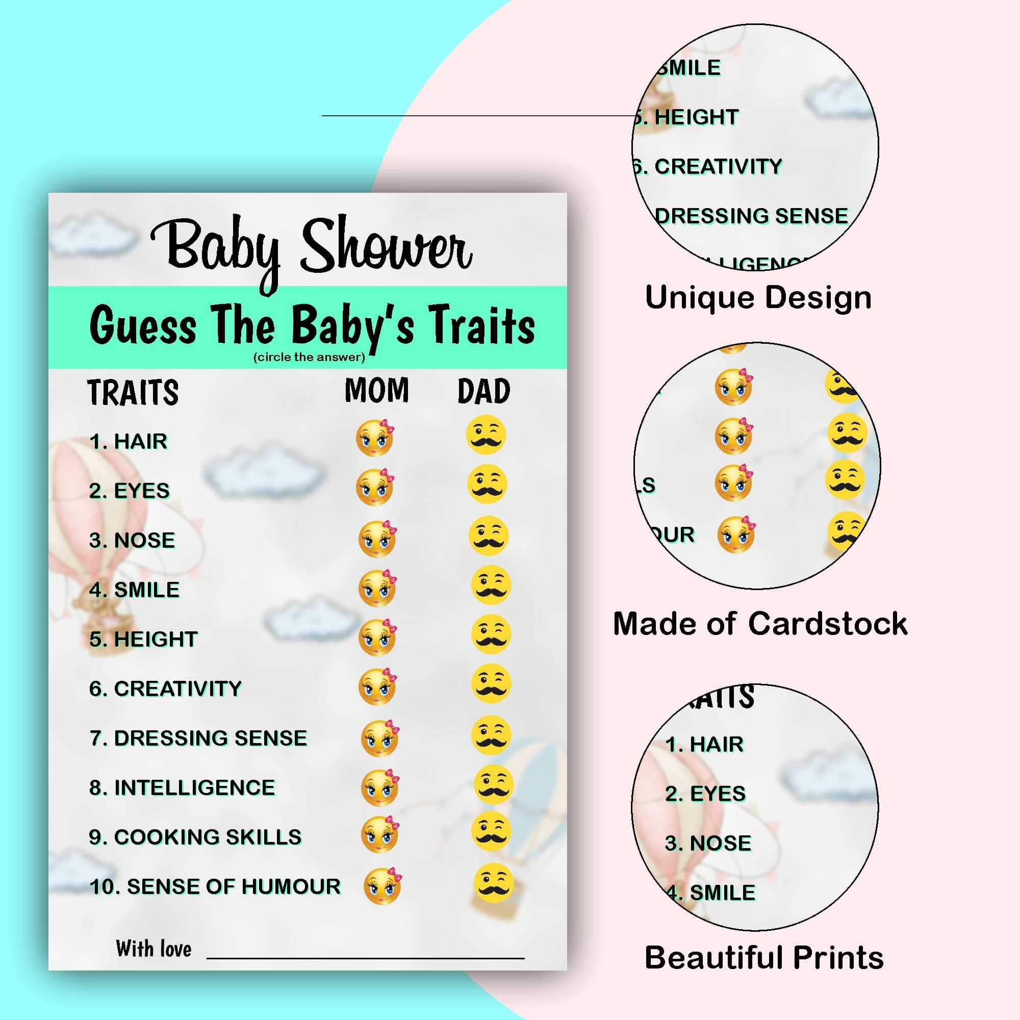 Balloonistics Baby Shower Activity Cards – Pack of 20 – “Baby Traits” Prediction & Wishes Game – Premium 4x6 Inch Cardstock – Botanical Greenery Design thumbnail 5
