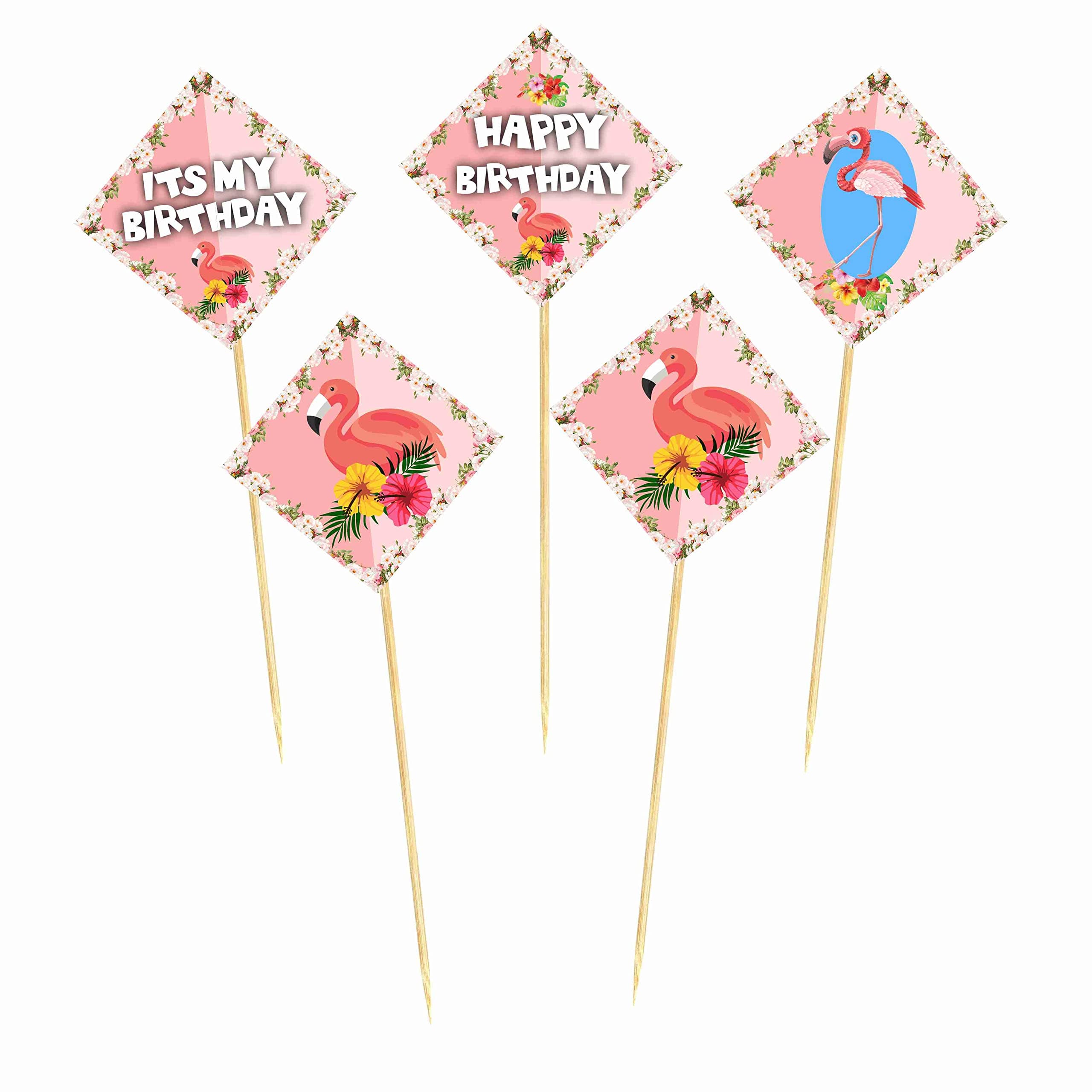 Balloonistics Flamingo Happy Birthday Cake Toppers - Pack of 10 Tropical Luau Party Decorations - Premium Cardstock Pink Flamingo & Hibiscus Figures on Bamboo Sticks, Summer Birthday Backdrop (Cake Topper - Pack of 10) thumbnail 2