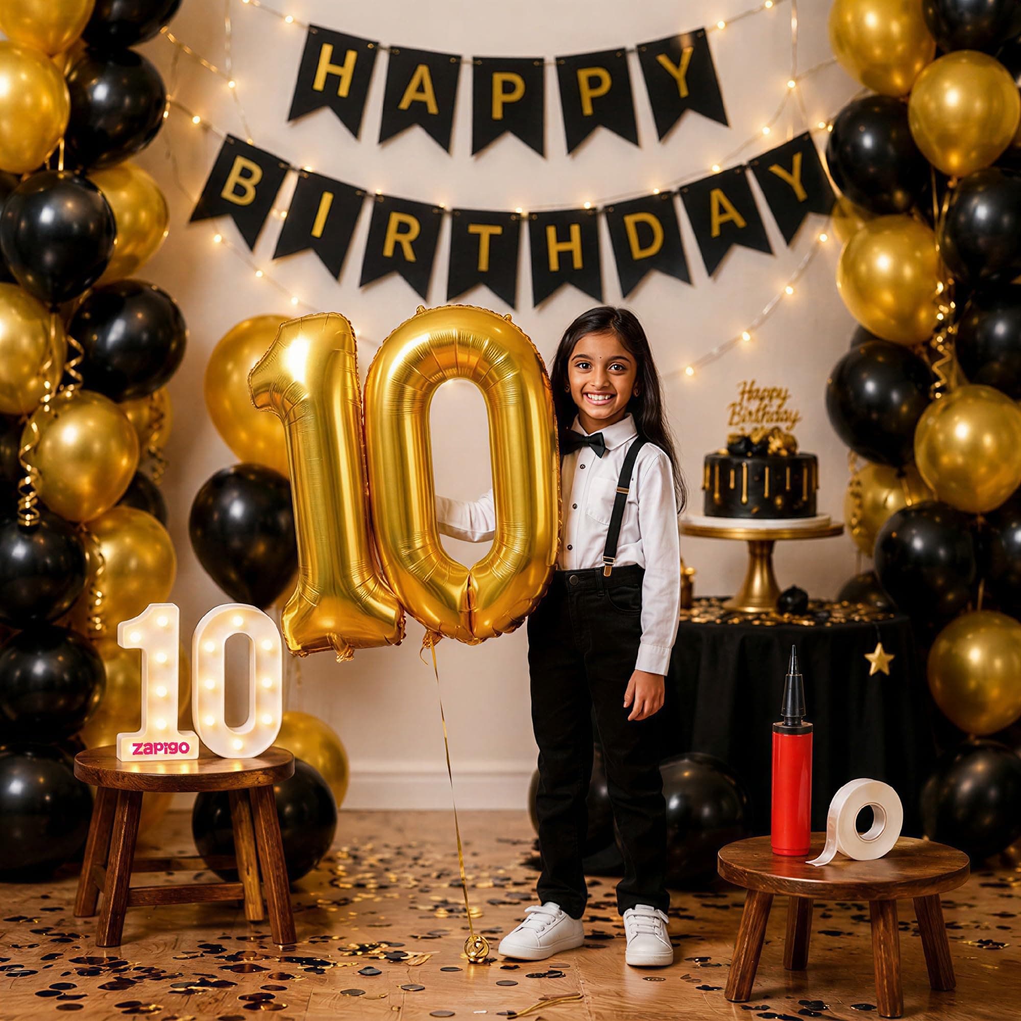 Balloonistics 10th Birthday Decoration Combo Kit - 40 Inch Gold Foil Number Balloon, LED Marquee Light, 50 Black & Gold Balloons, Happy Birthday Banner, Balloon Pump & Glue Dots thumbnail 1