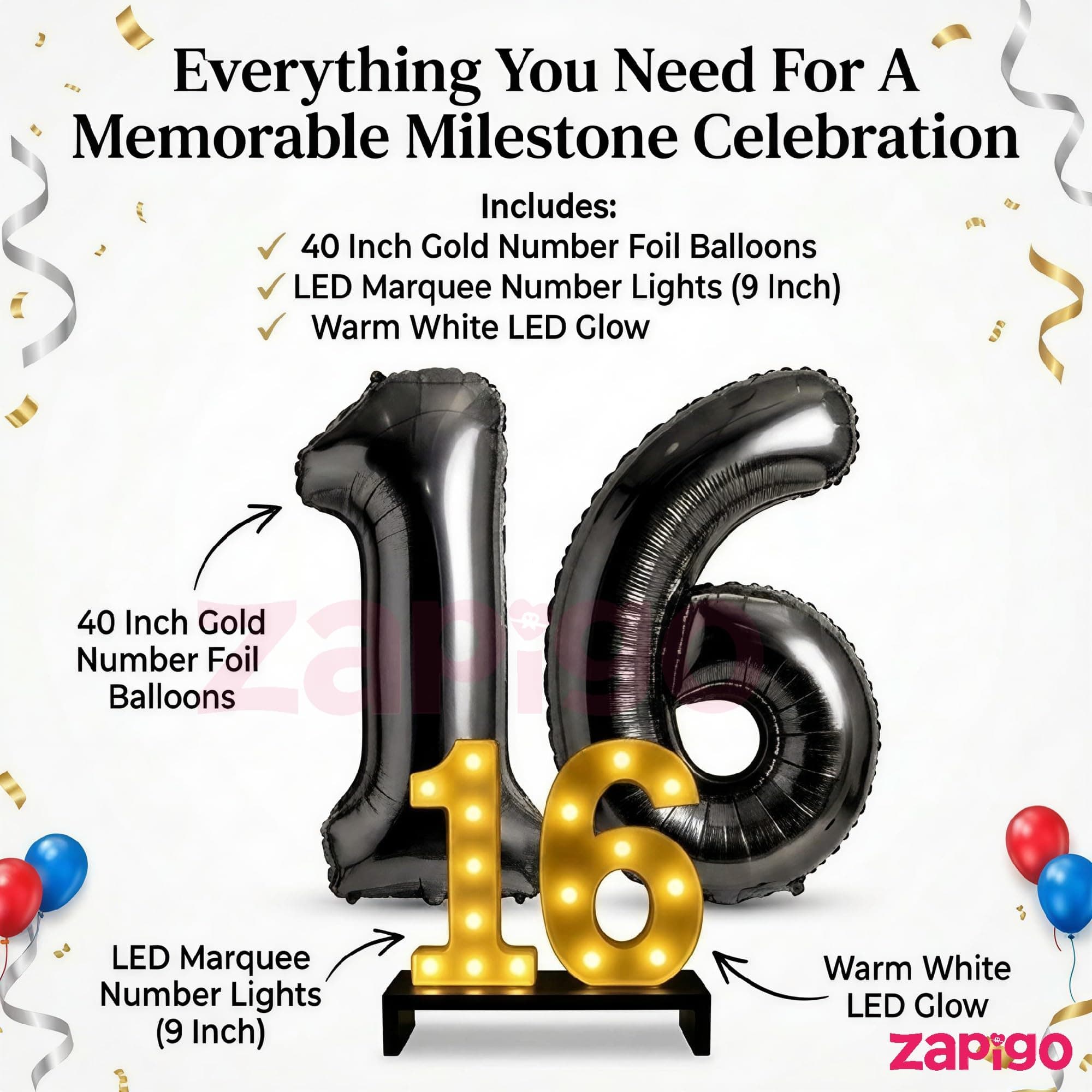 Balloonistics Black 40-Inch Foil Number 6 Balloon with Matching LED Marquee Light - Combo Set for 6th Birthday, Anniversary, Party Decoration, Photo Booth Backdrop thumbnail 2
