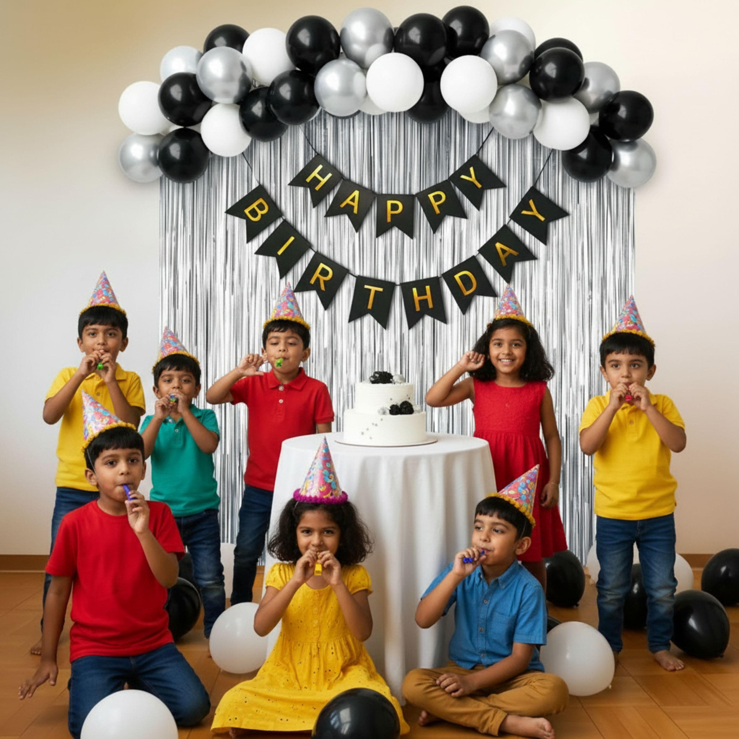 Balloonistics 40 Pcs Black, White & Silver Birthday Decoration Kit – Elegant Aesthetic Party Decor with Happy Birthday Banner, Foil Fringe Curtain, Metallic Balloons & Ribbons thumbnail 2