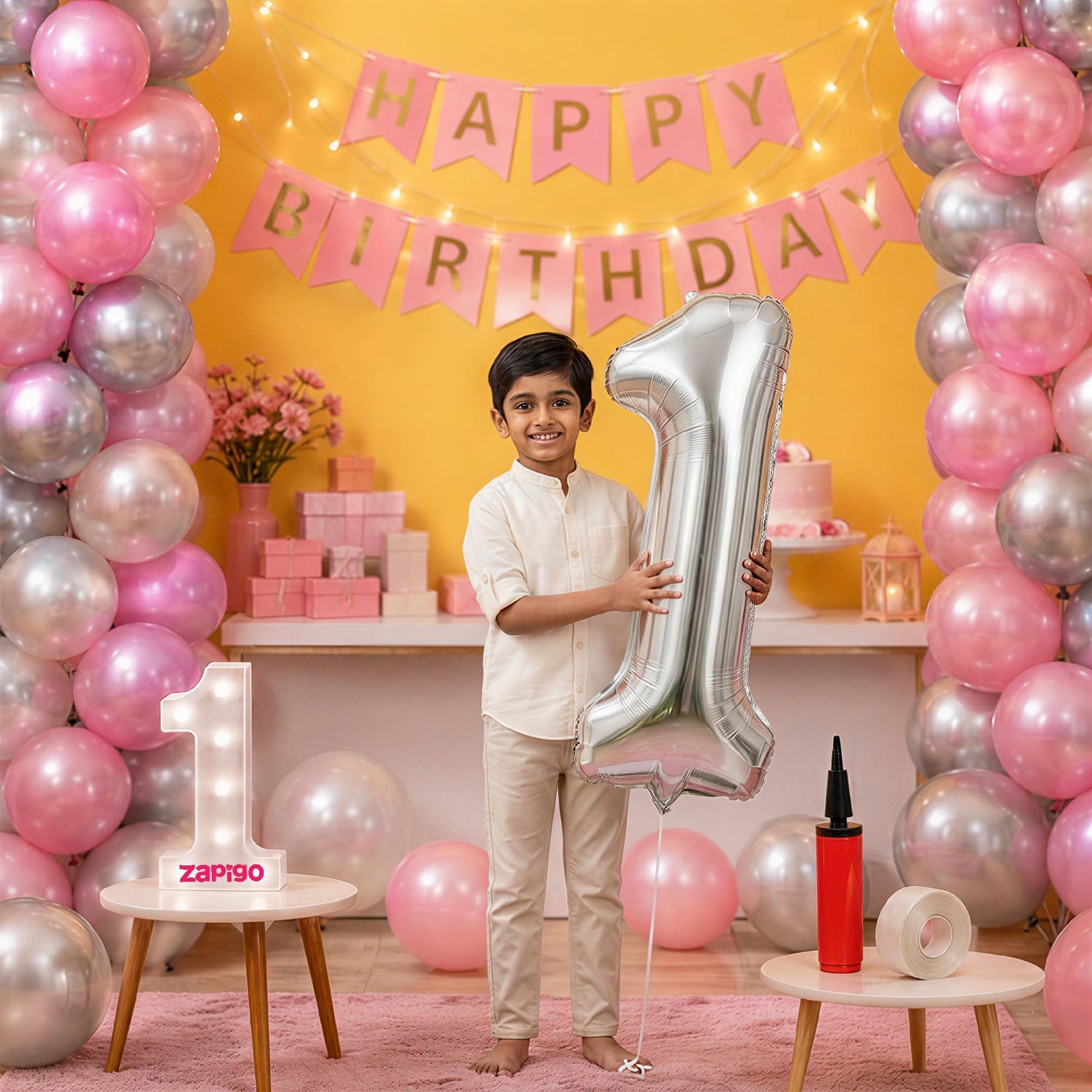 Balloonistics 1st Birthday Decoration Combo Kit - 40 Inch Silver Foil Number Balloon, LED Marquee Light, 50 Silver & Pink Balloons, Happy Birthday Banner, Balloon Pump & Glue Dots