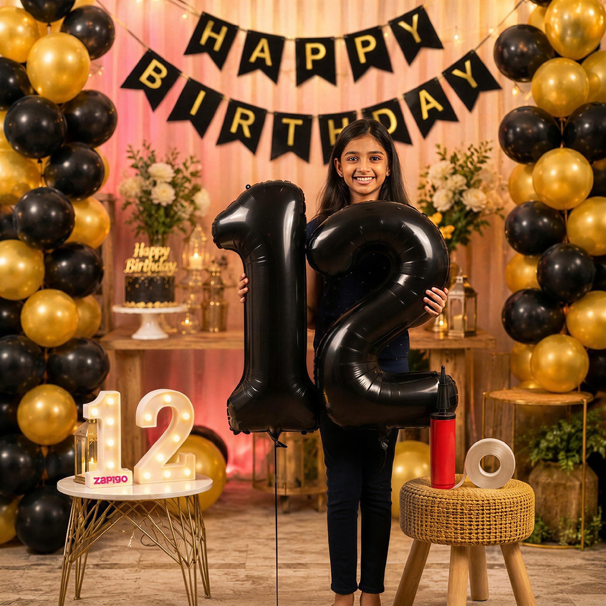 Balloonistics 12th Birthday Decoration Combo Kit - 40 Inch Black Foil Number Balloon, LED Marquee Light, 50 Black & Gold Balloons, Happy Birthday Banner, Balloon Pump & Glue Dots thumbnail 1