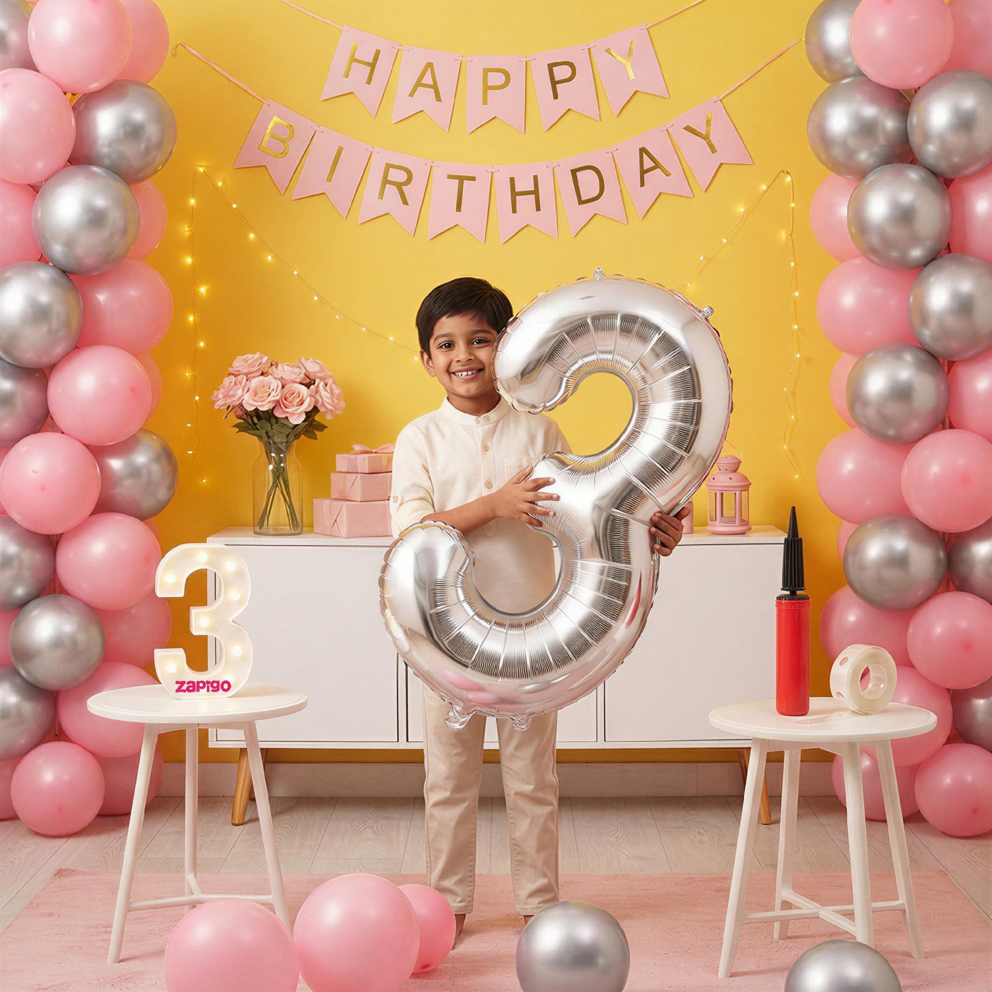 Balloonistics 3rd Birthday Decoration Combo Kit - 40 Inch Silver Foil Number Balloon, LED Marquee Light, 50 Silver & Pink Balloons, Happy Birthday Banner, Balloon Pump & Glue Dots thumbnail 1
