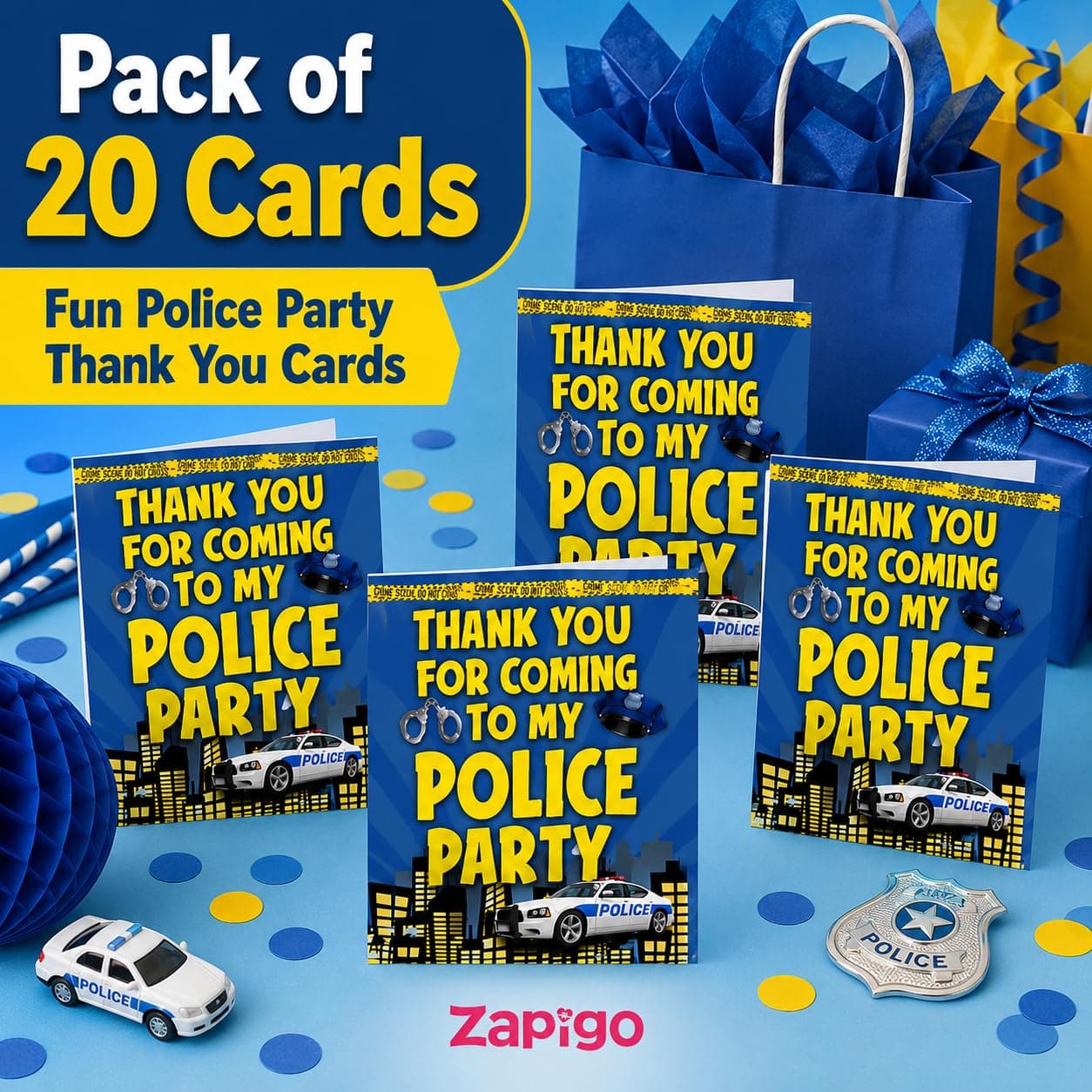 Balloonistics Police Theme Thank You Cards - Pack of 20 Premium Cardstock Notes - Law Enforcement Party Supplies, "Thanks for Reporting for Duty" Hero Appreciation Cards, Police Officer Birthday Stationery (Thank you Cards - Pack of 20) thumbnail 3