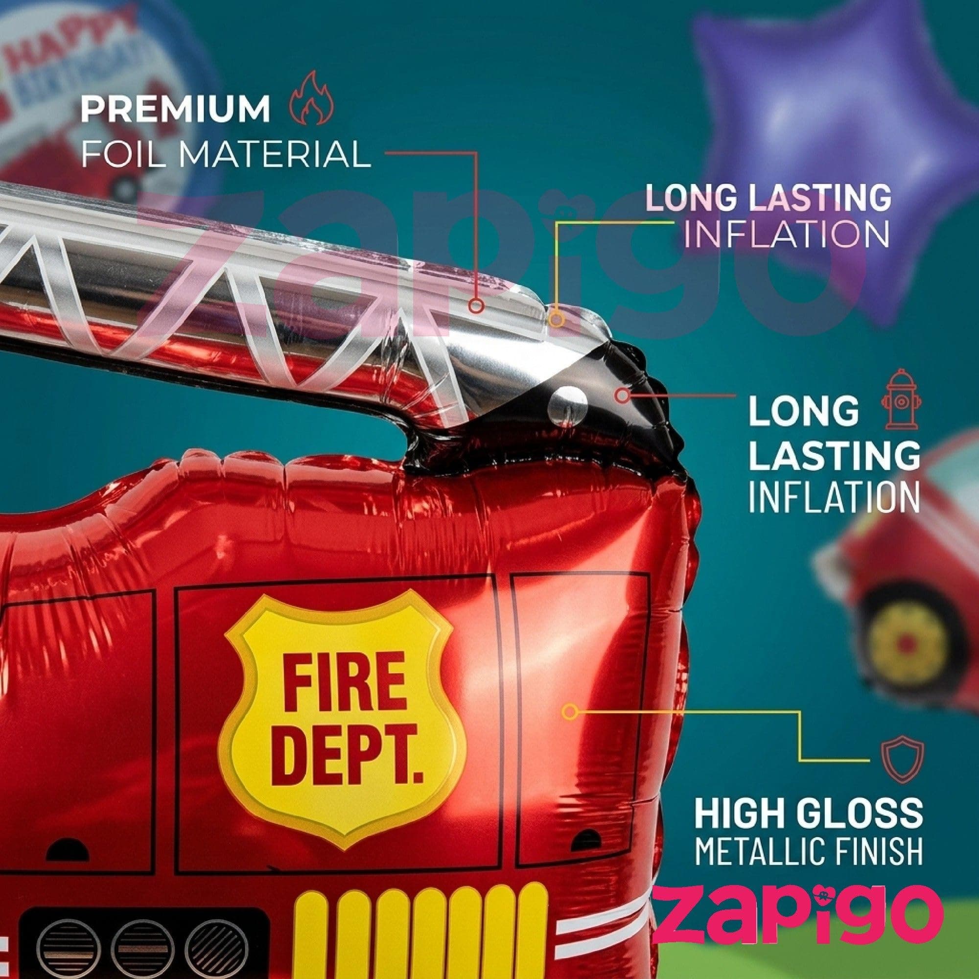 Balloonistics Firetruck Theme Happy Birthday Balloon Bouquet Pack Of 5 thumbnail 4