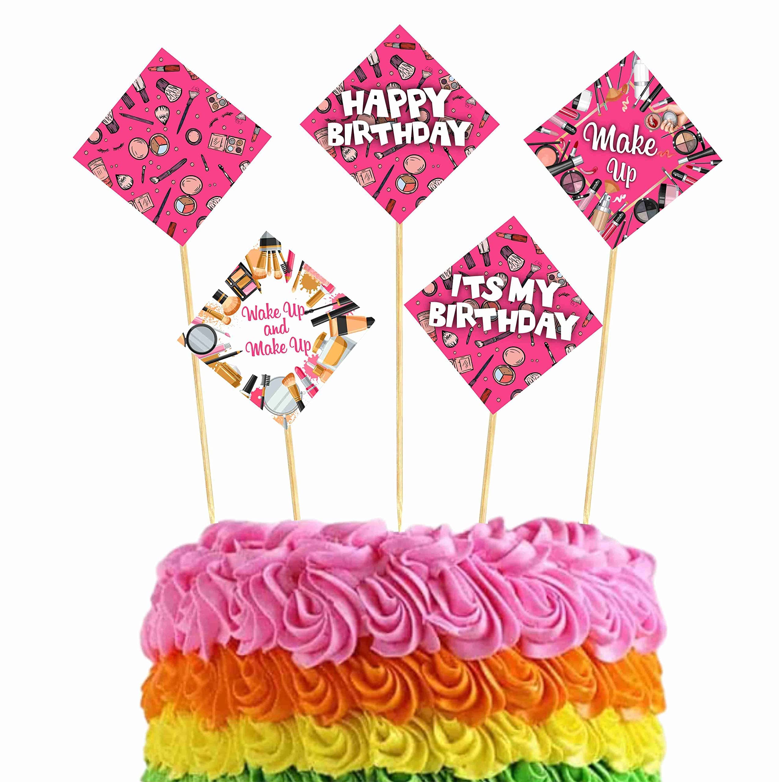 Balloonistics Makeup Theme Happy Birthday Cake Topper - Pack of 10 Premium Cardstock Decorations - Spa Day, Glamour & Salon Party Supplies - Includes Sturdy Bamboo Sticks