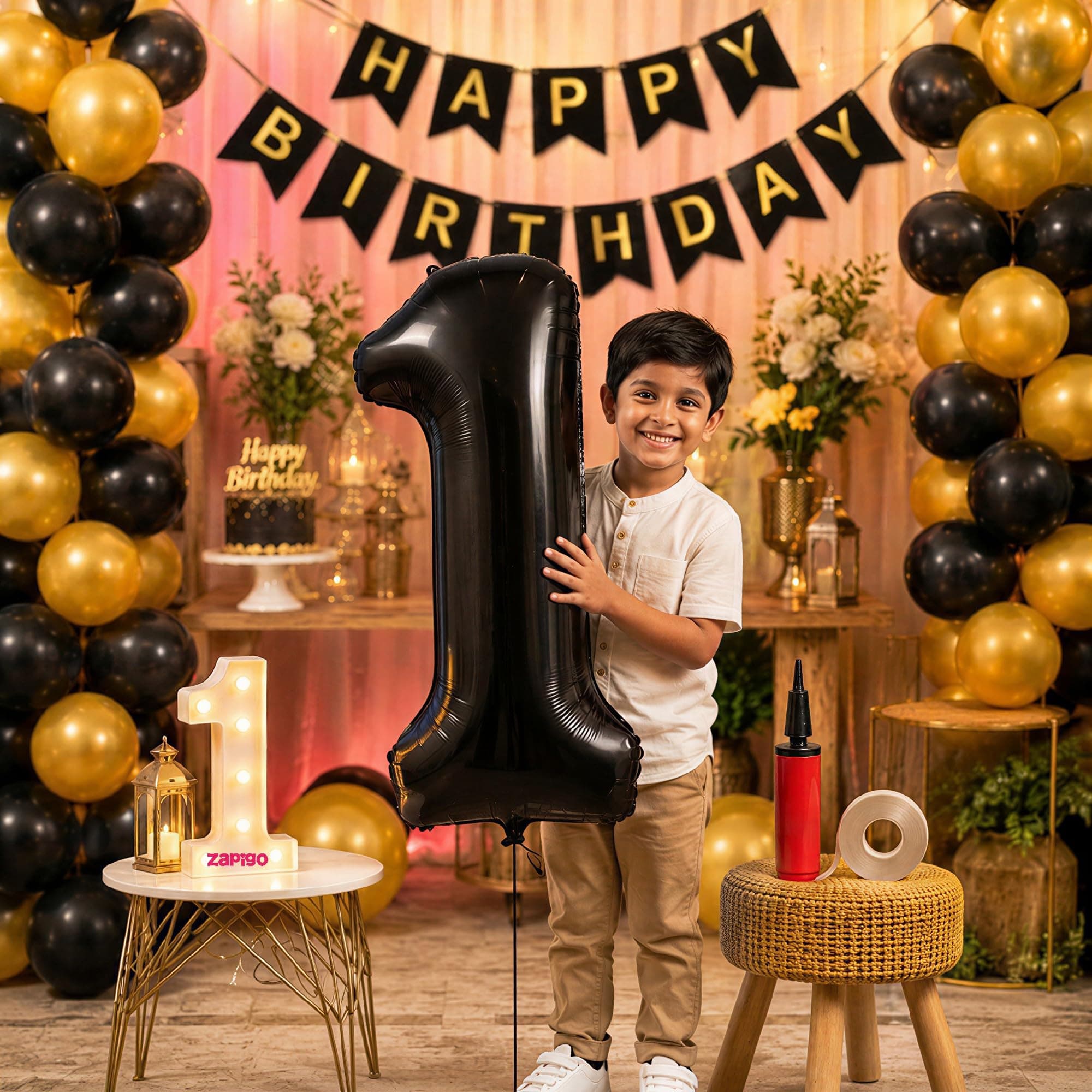 Balloonistics 1st Birthday Decoration Combo Kit - 40 Inch Black Foil Number Balloon, LED Marquee Light, 50 Black & Gold Balloons, Happy Birthday Banner, Balloon Pump & Glue Dots thumbnail 1