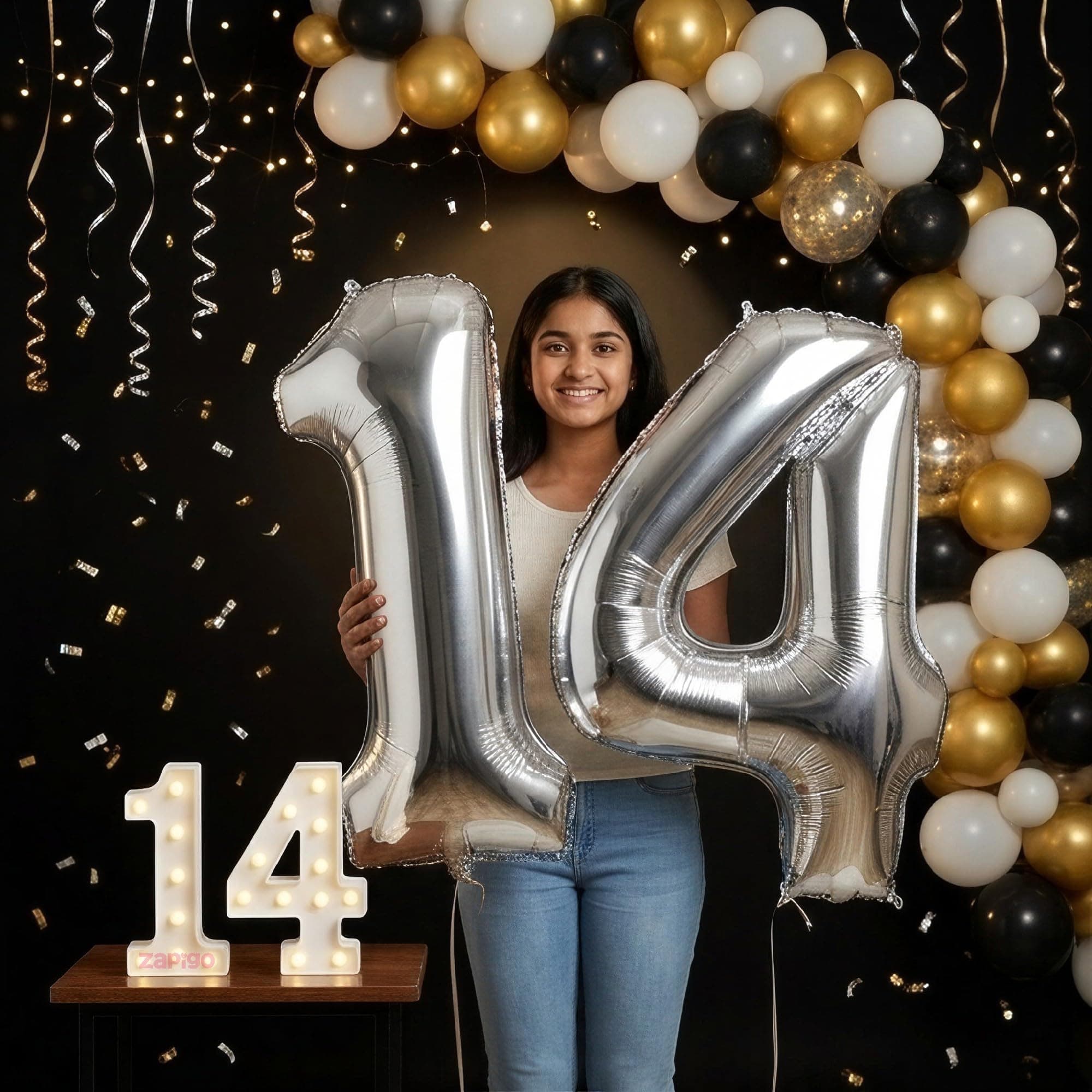Balloonistics Silver 40-Inch Foil Number 14 Balloon with Matching LED Marquee Light - Combo Set for 14th Birthday, Anniversary, Party Decoration, Photo Booth Backdrop thumbnail 1