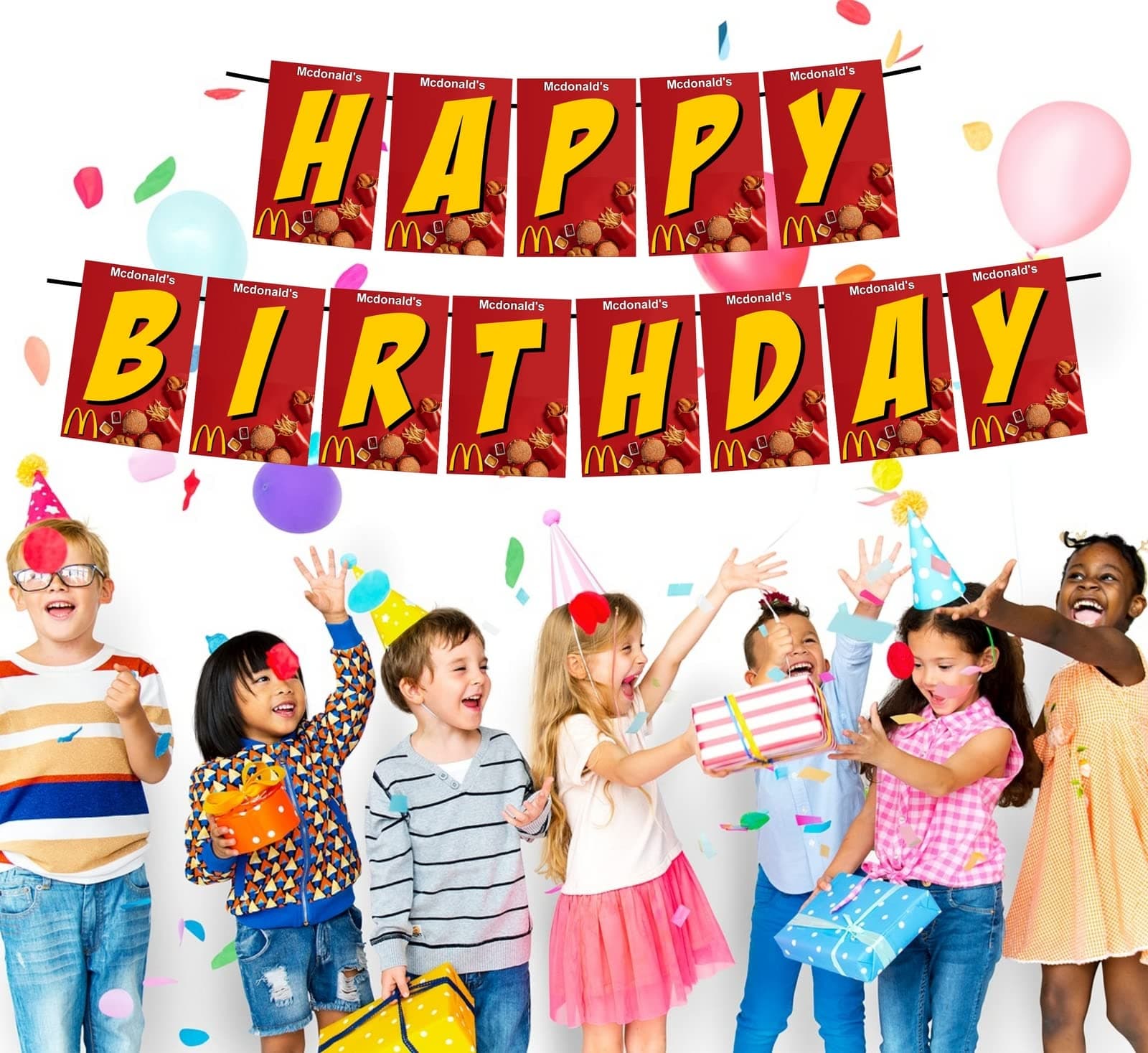 Balloonistics Fast Food Theme Happy Birthday Banner - Golden Arches & Burger Cardstock Bunting for Kids & Adults - I’m Lovin’ It Junk Food Party Decorations, Happy Meal Backdrop thumbnail 2