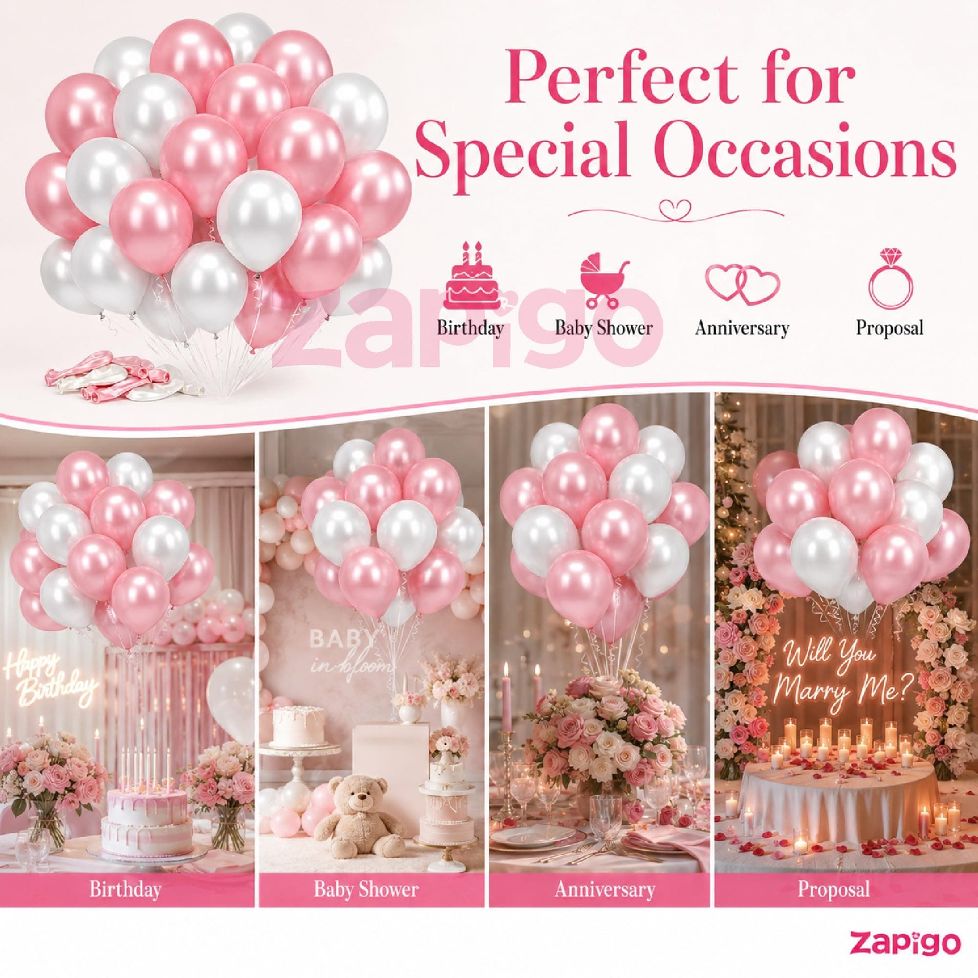 Balloonistics 50-Pack Metallic HD Pink & White Latex Balloons – Shiny Combo for Girls Birthday, Baby Shower, Bridal Shower & Soft Feminine Party Decoration thumbnail 3