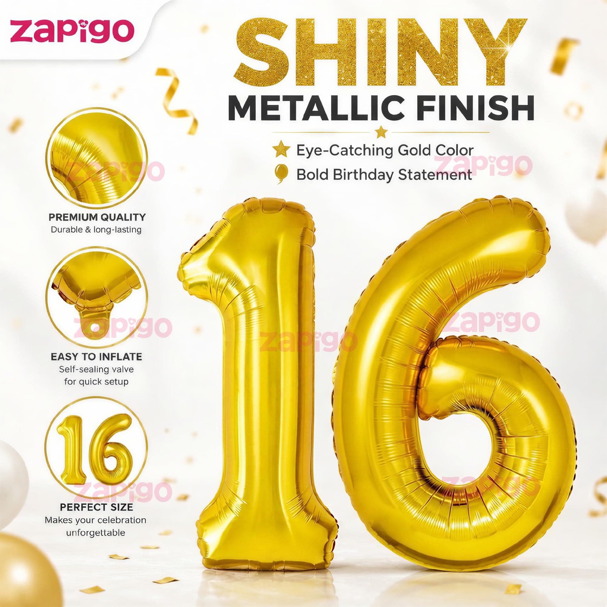 Balloonistics Number 16 Gold Foil Balloon – 17-Inch Metallic '16' Balloon Pack of 2 for Sweet 16 Birthday & Teen Party Decoration thumbnail 6