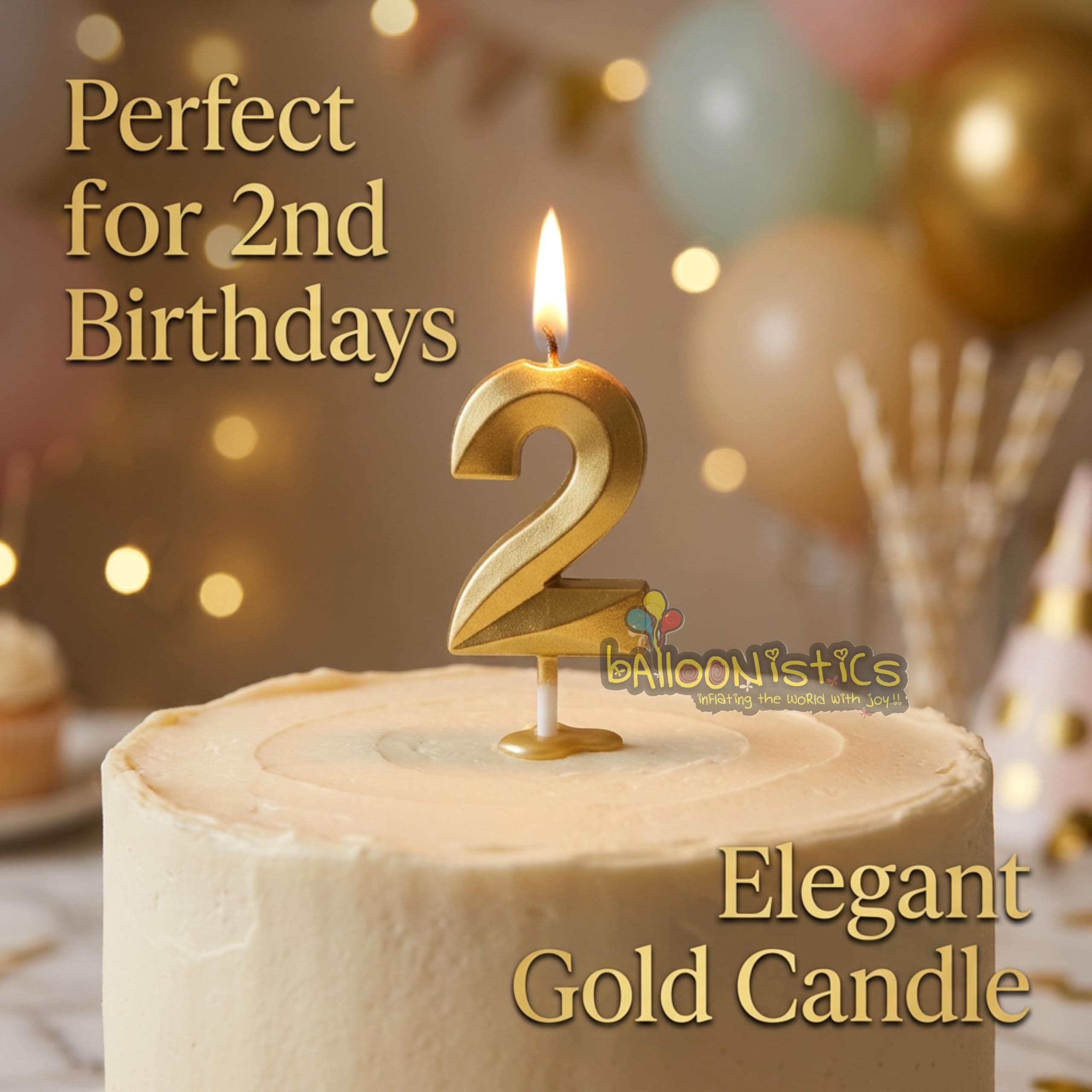 Balloonistics Gold Number 2 Birthday Candle - 3D Metallic Cake Topper for 2nd Birthday, Anniversary, Milestone Party Decoration thumbnail 2