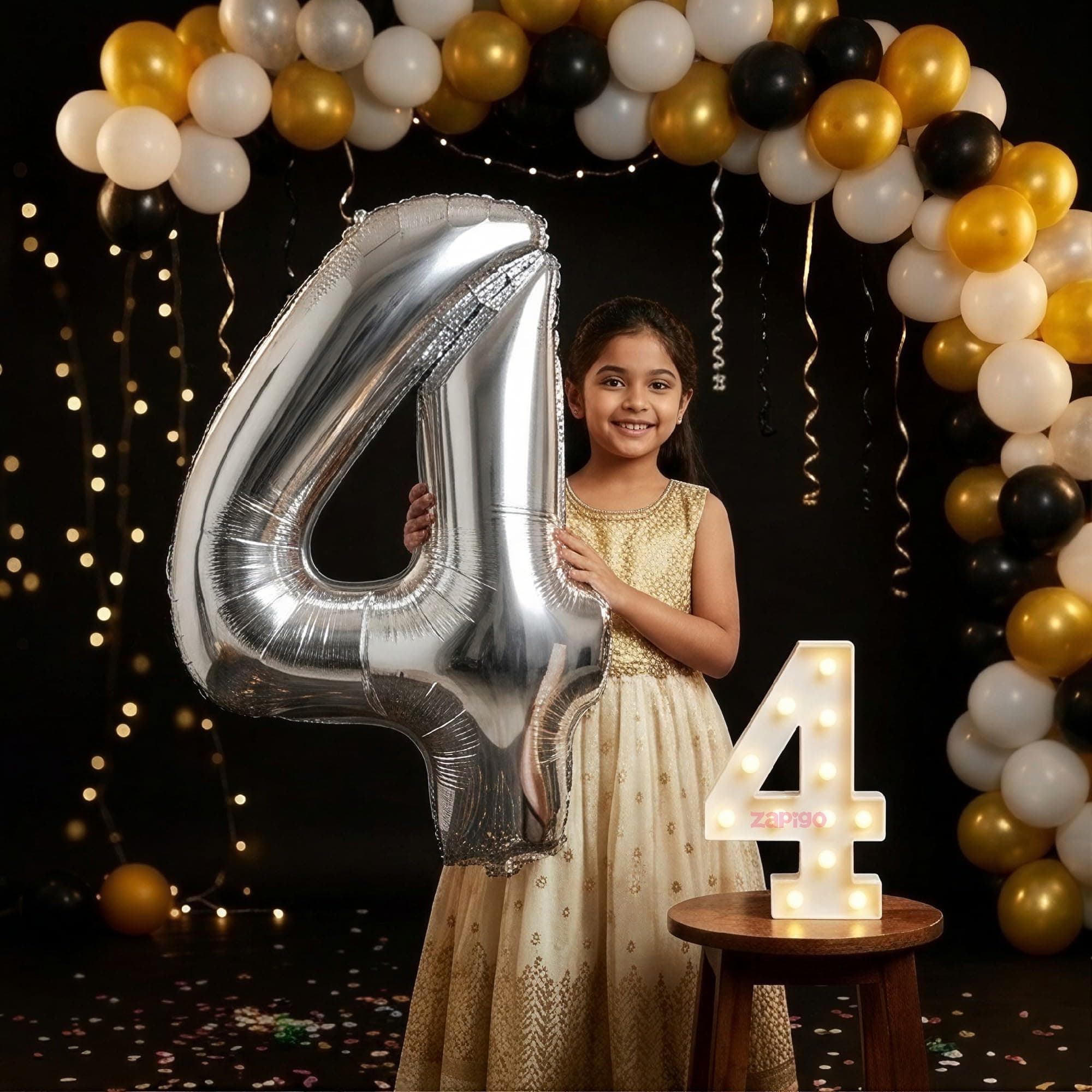 Balloonistics Silver 40-Inch Foil Number 4 Balloon with Matching LED Marquee Light - Combo Set for 4th Birthday, Anniversary, Party Decoration, Photo Booth Backdrop thumbnail 1