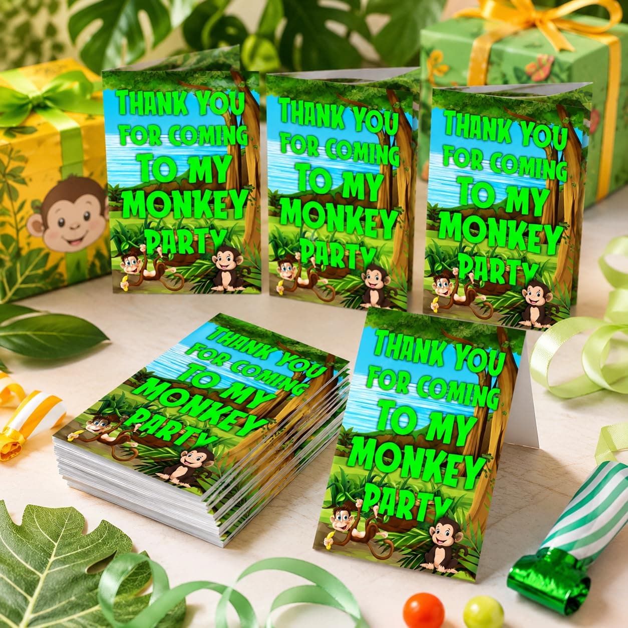 Balloonistics Monkey Theme Thank You Cards for Kids Birthday - Pack of 20 Jungle Safari Return Gift Notes - Premium Cardstock Stationery, Cute Animal Party Supplies for Boys and Girls (Thank you Cards - Pack of 20)