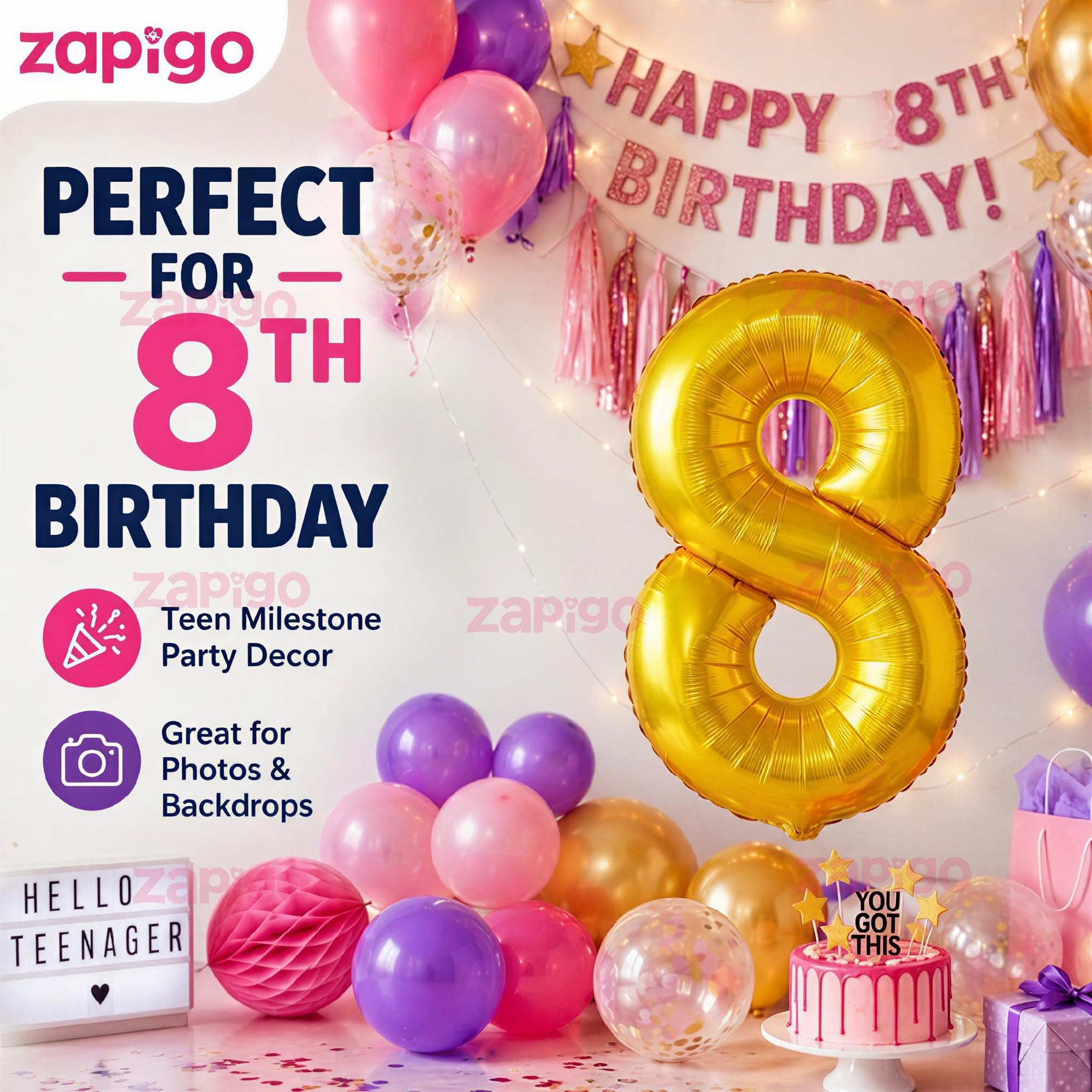 Balloonistics Number 8 Gold Foil Balloon – 16-Inch Metallic Single Digit Balloon for 8th Birthday, Lucky 8 & Party Decoration thumbnail 4