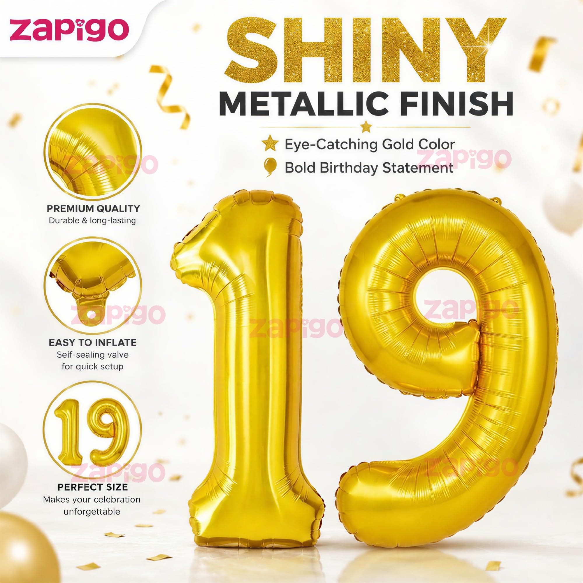 Balloonistics Number 19 Gold Foil Balloon – 17-Inch Metallic '19' Balloon Pack of 2 for 19th Birthday & Last-of-Teens Party Decoration thumbnail 6