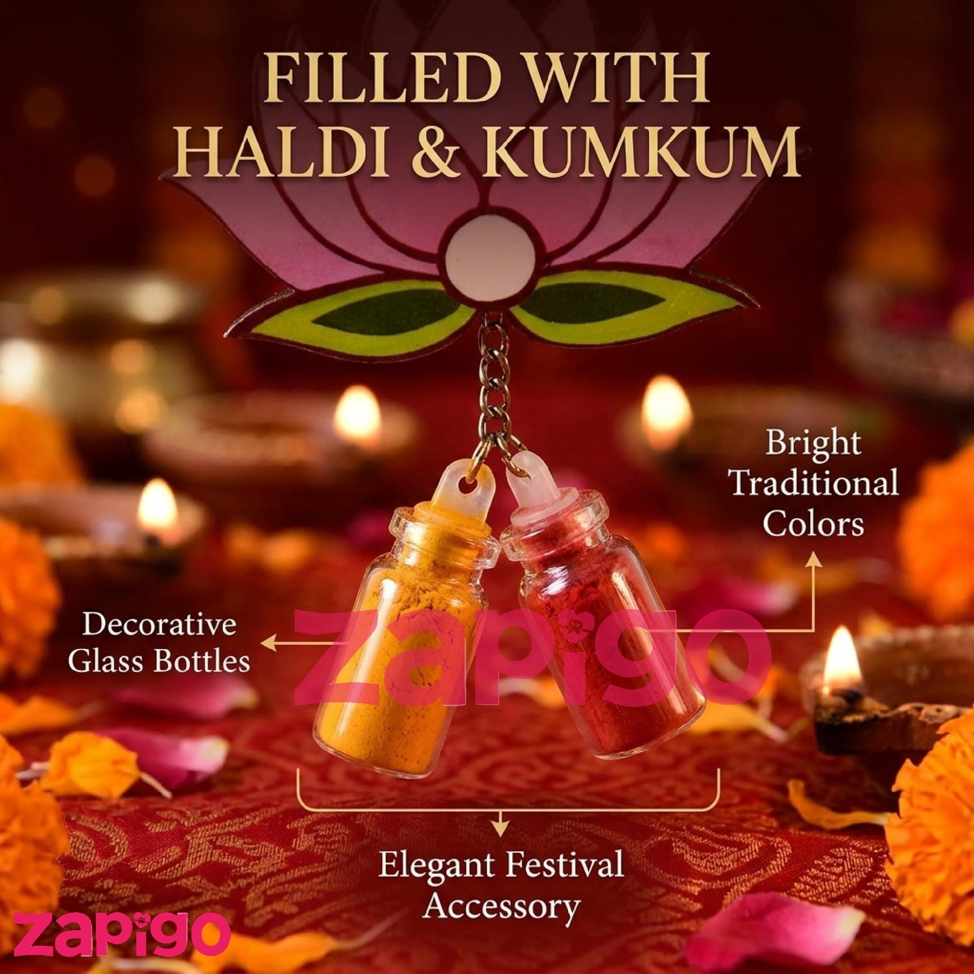 Habba Lotus Design Haldi Kumkum Set, Pasupu Kumkum in Dome Glass Bottle, Traditional Return Gift for Wedding, Pooja, Diwali, Navratri, Varalakshmi Vratham & Indian Festivals - Pack of 10 thumbnail 6