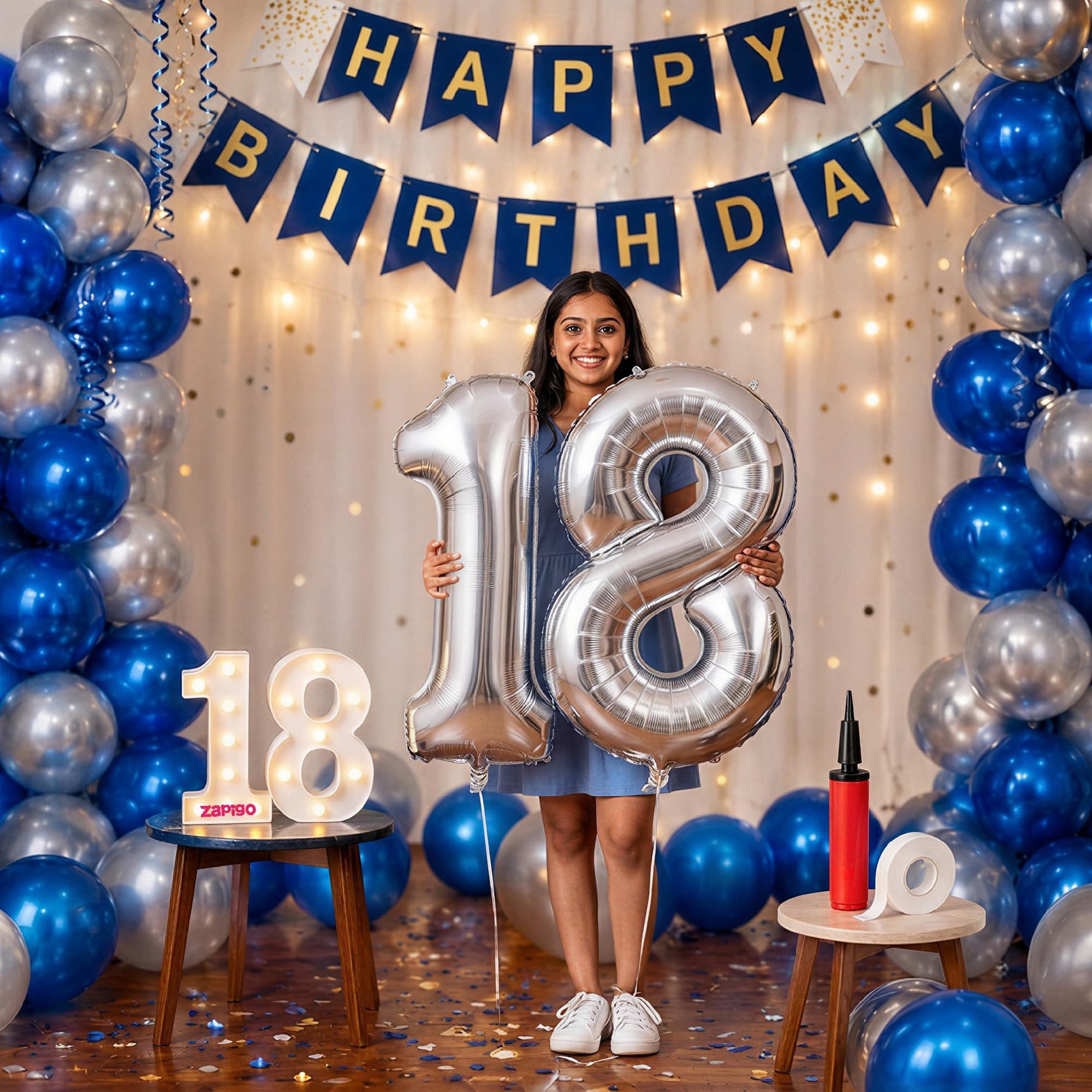 Balloonistics 18th Birthday Decoration Combo Kit - 40 Inch Silver Foil Number Balloon, LED Marquee Light, 50 Silver & Blue Balloons, Happy Birthday Banner, Balloon Pump & Glue Dots thumbnail 1