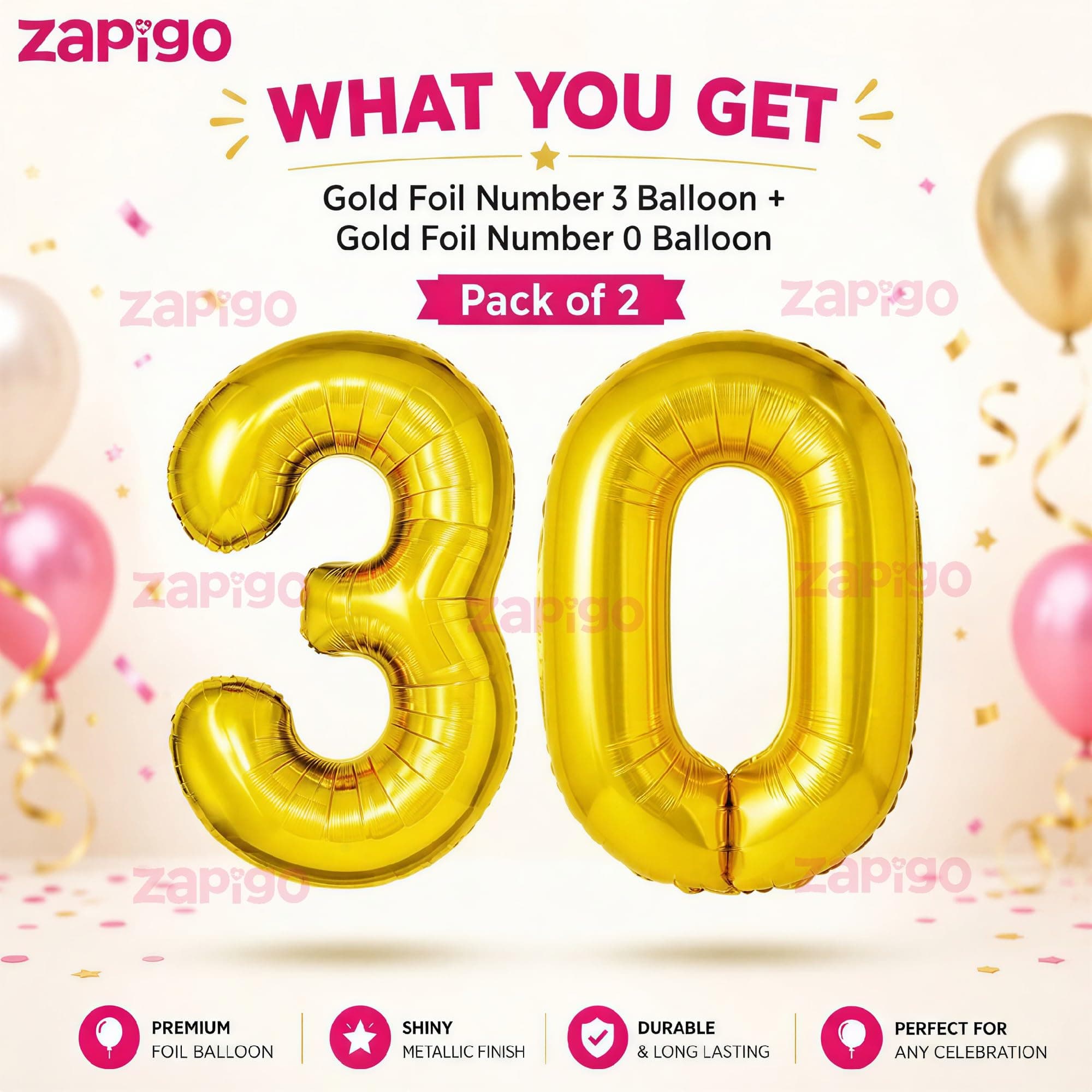 Balloonistics Number 30 Gold Foil Balloon – 17-Inch Metallic '30' Balloon Pack of 2 for 30th Birthday, Dirty Thirty & Milestone Party Decoration thumbnail 2