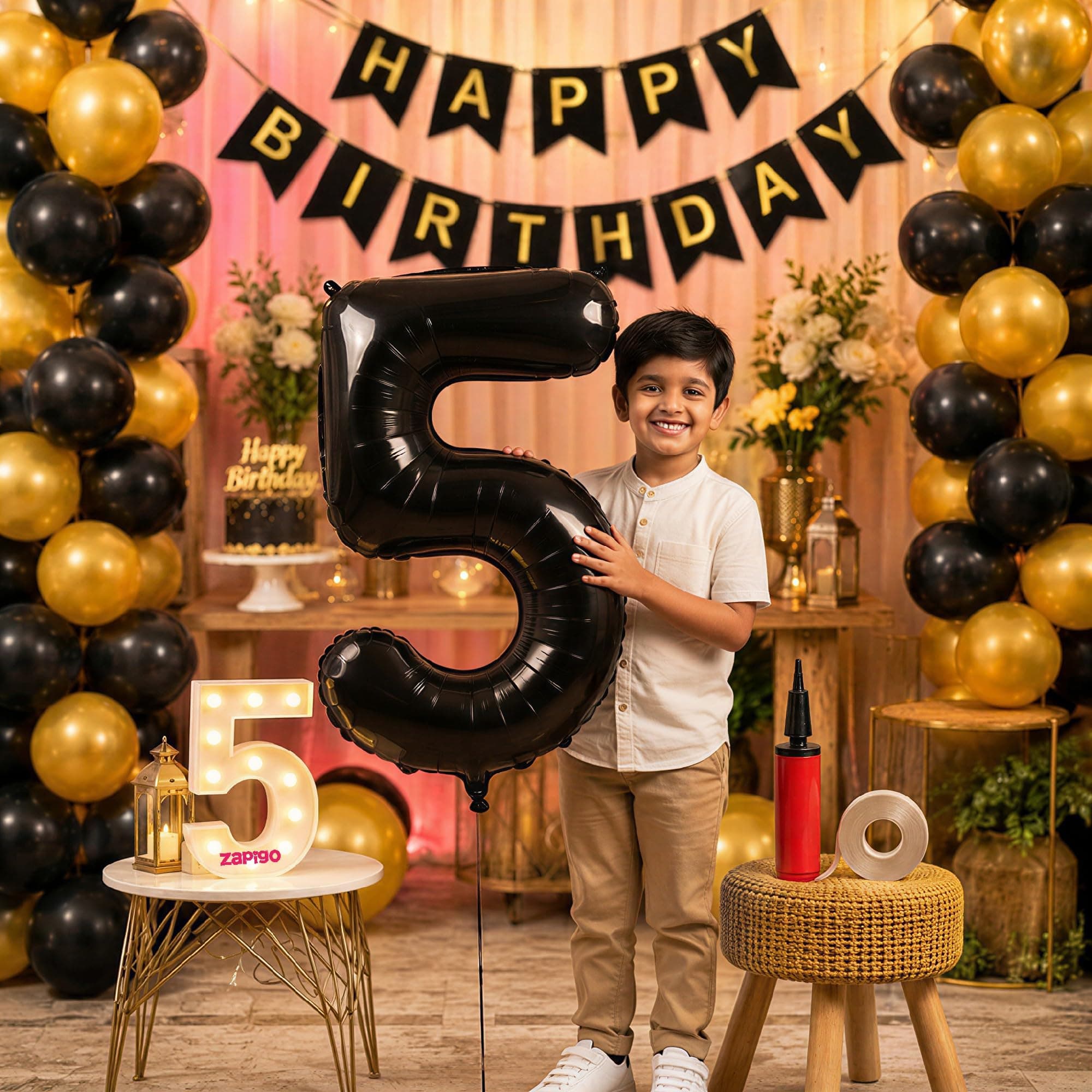 Balloonistics 5th Birthday Decoration Combo Kit - 40 Inch Black Foil Number Balloon, LED Marquee Light, 50 Black & Gold Balloons, Happy Birthday Banner, Balloon Pump & Glue Dots thumbnail 1
