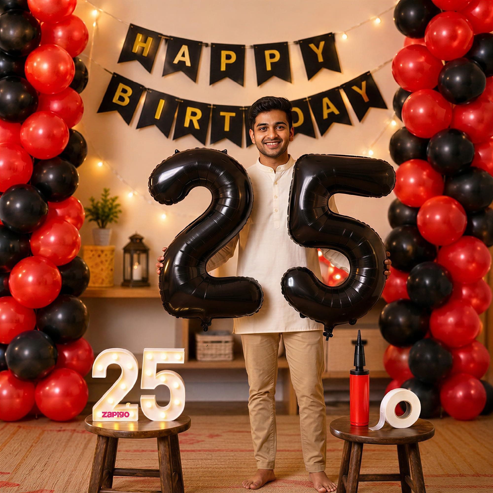 Balloonistics 25th Birthday Decoration Combo Kit - 40 Inch Black Foil Number Balloon, LED Marquee Light, 50 Black & Red Balloons, Happy Birthday Banner, Balloon Pump & Glue Dots thumbnail 1