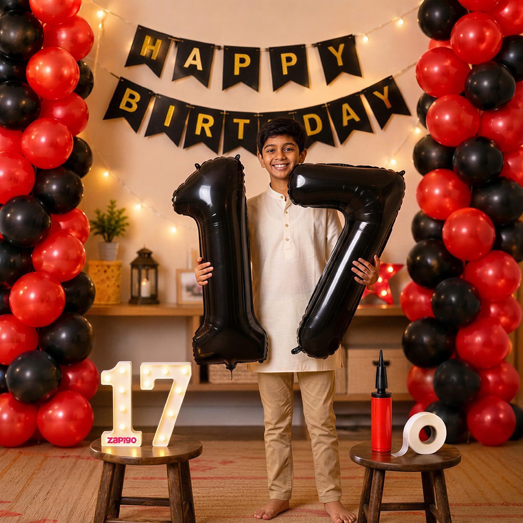 Balloonistics 17th Birthday Decoration Combo Kit - 40 Inch Black Foil Number Balloon, LED Marquee Light, 50 Black & Red Balloons, Happy Birthday Banner, Balloon Pump & Glue Dots