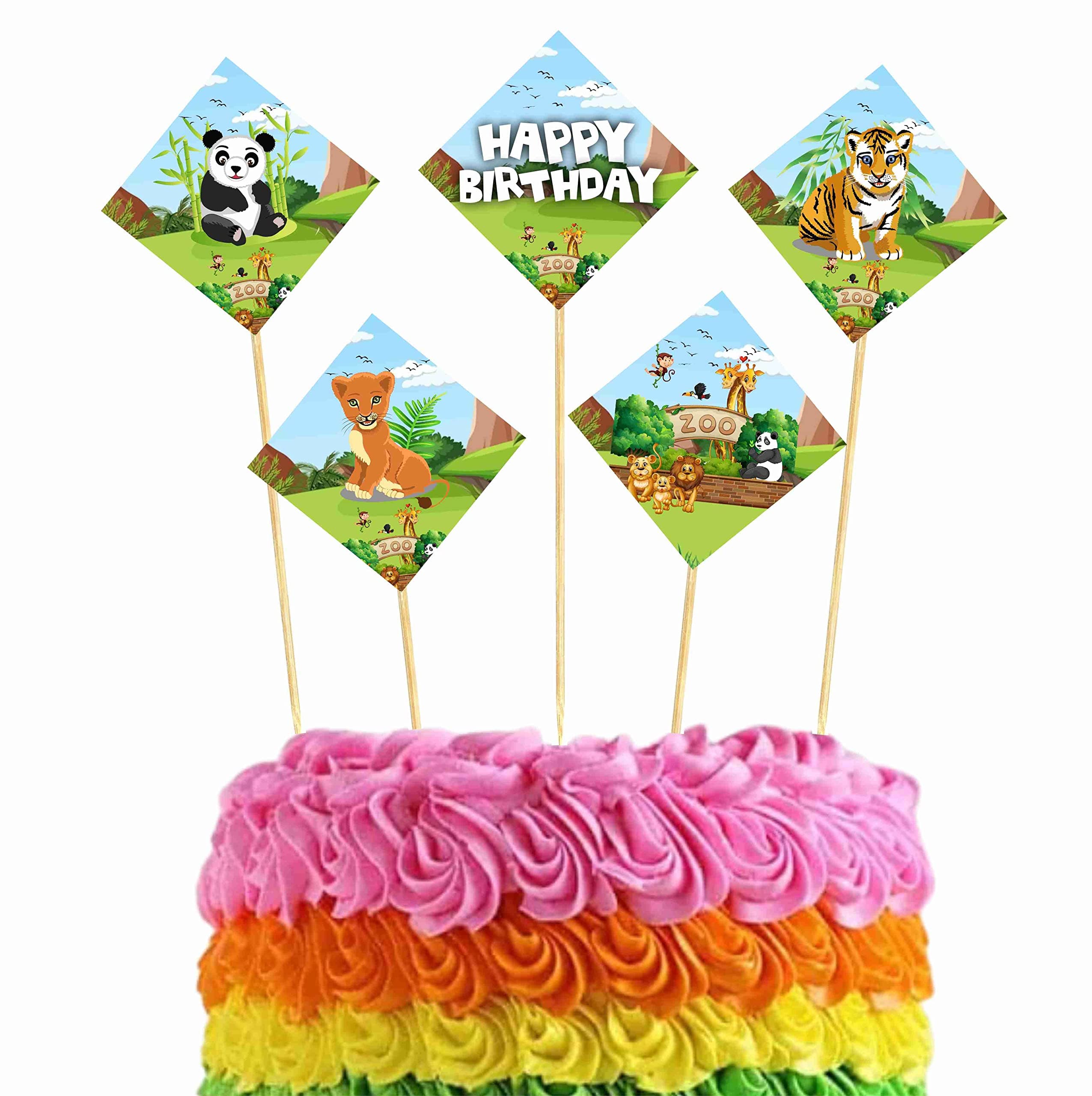 Balloonistics Zoo Theme Cake Topper - Large Double-Sided "Wild One" Cardstock Decoration with Lion, Giraffe & Monkey - Jungle Safari & Animal Kingdom Birthday Party Supplies (Cake Topper - Pack of 10)