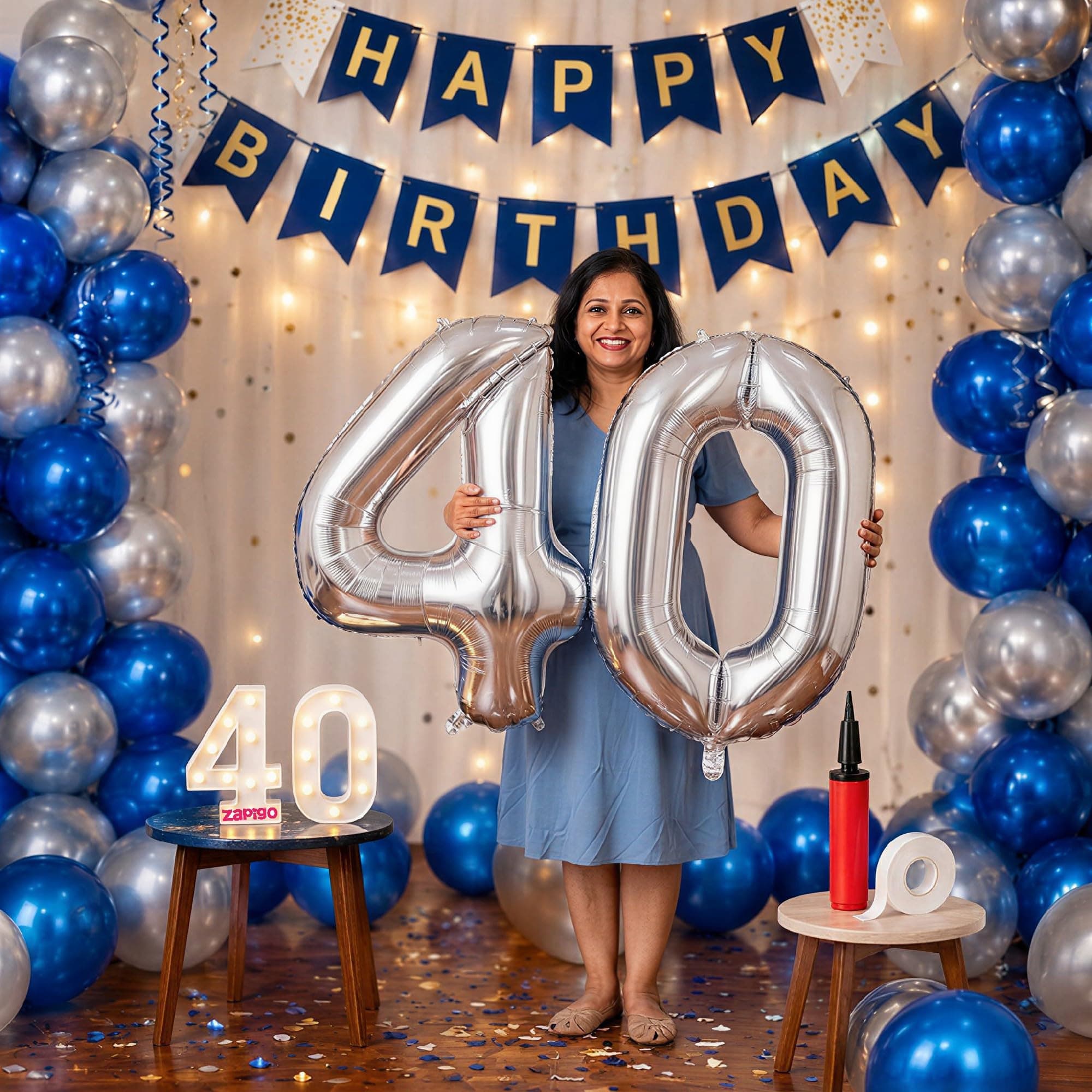 Balloonistics 40th Birthday Decoration Combo Kit - 40 Inch Silver Foil Number Balloon, LED Marquee Light, 50 Silver & Blue Balloons, Happy Birthday Banner, Balloon Pump & Glue Dots