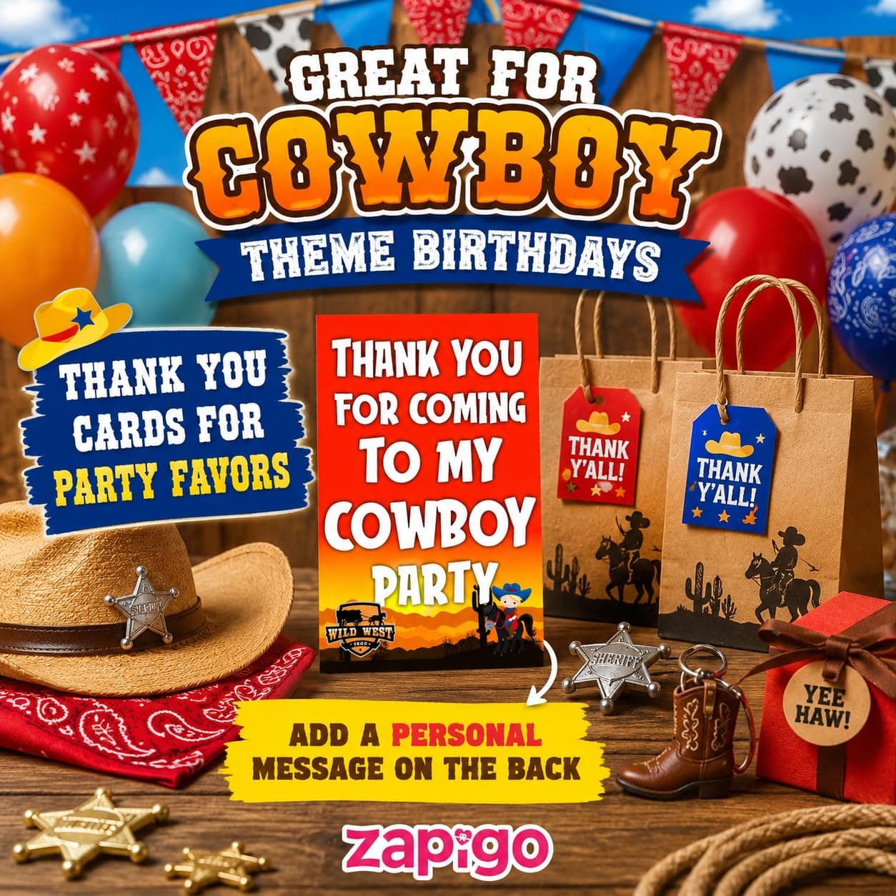 Balloonistics Cowboy Theme Thank You Cards - Pack of 20 Wild West Birthday Note Cards - Premium Cardstock Double-Sided "Thanks for Roping by" Stationery, Rustic Sheriff Badge & Boot Gratitude Cards (Thank you Cards - Pack of 20) thumbnail 8