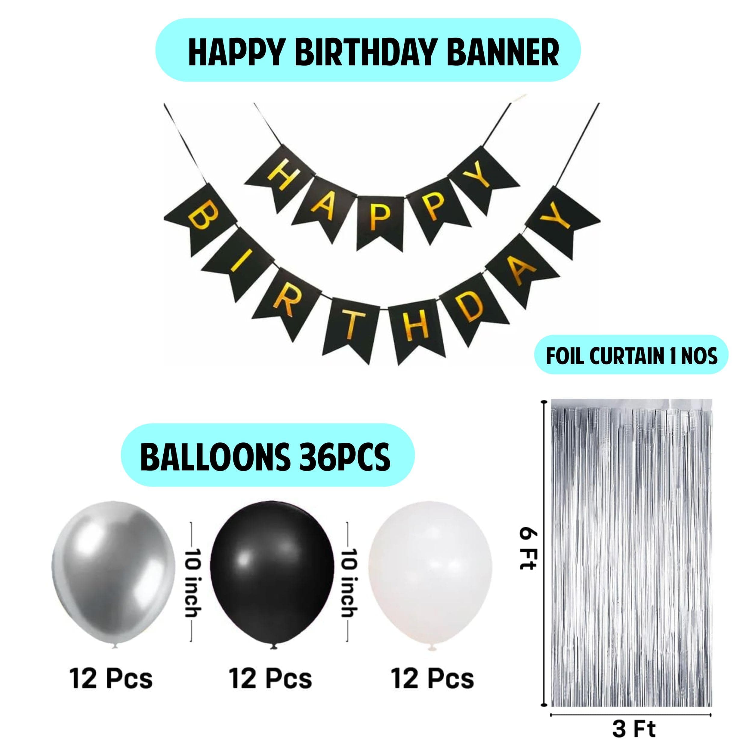 Balloonistics 40 Pcs Black, White & Silver Birthday Decoration Kit – Elegant Aesthetic Party Decor with Happy Birthday Banner, Foil Fringe Curtain, Metallic Balloons & Ribbons thumbnail 4