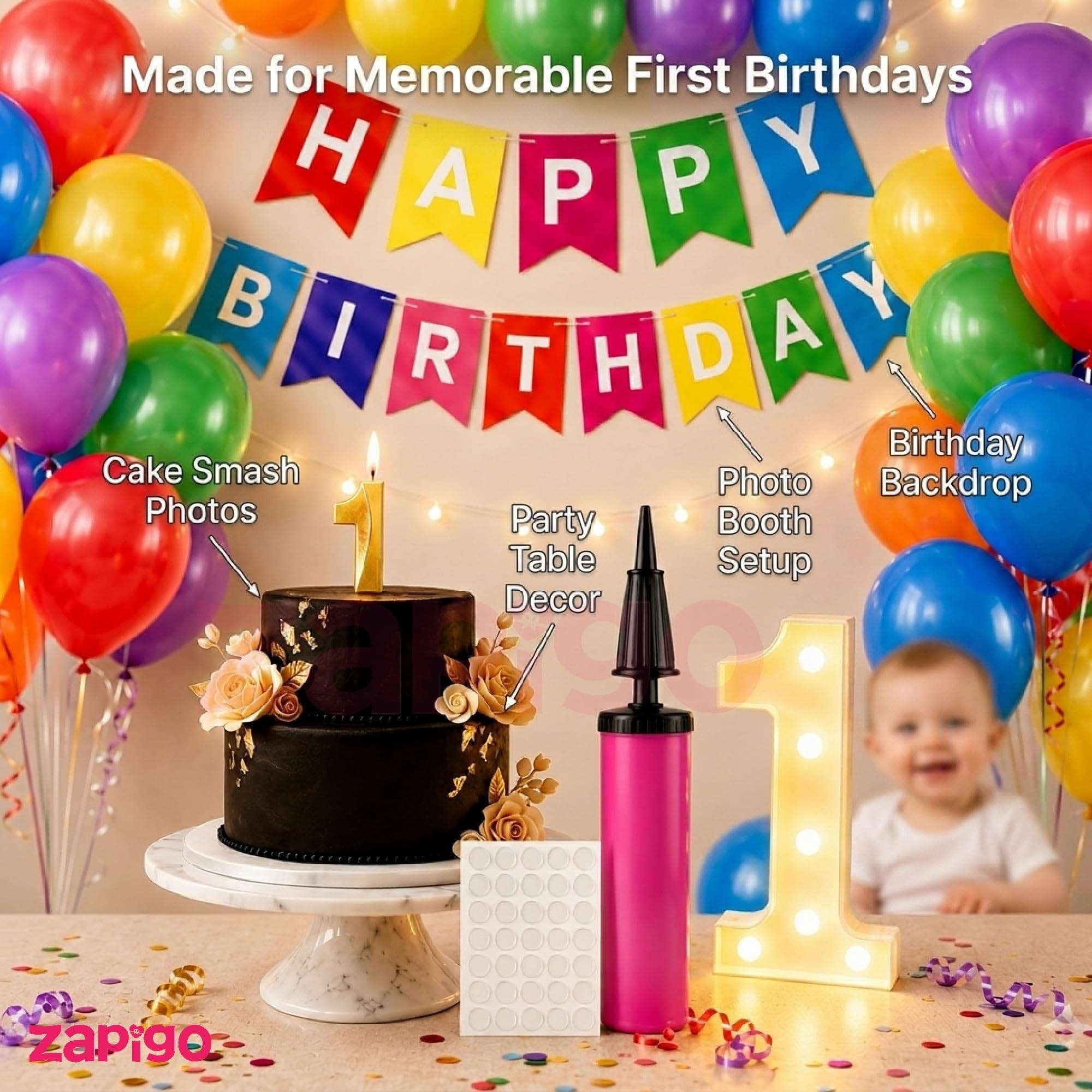 Balloonistics 55-Piece 1st Birthday Decoration Kit - Number 1 Foil Balloon, Happy Birthday Banner, Latex Balloons, Arch Tools for First Birthday Party Decor thumbnail 3