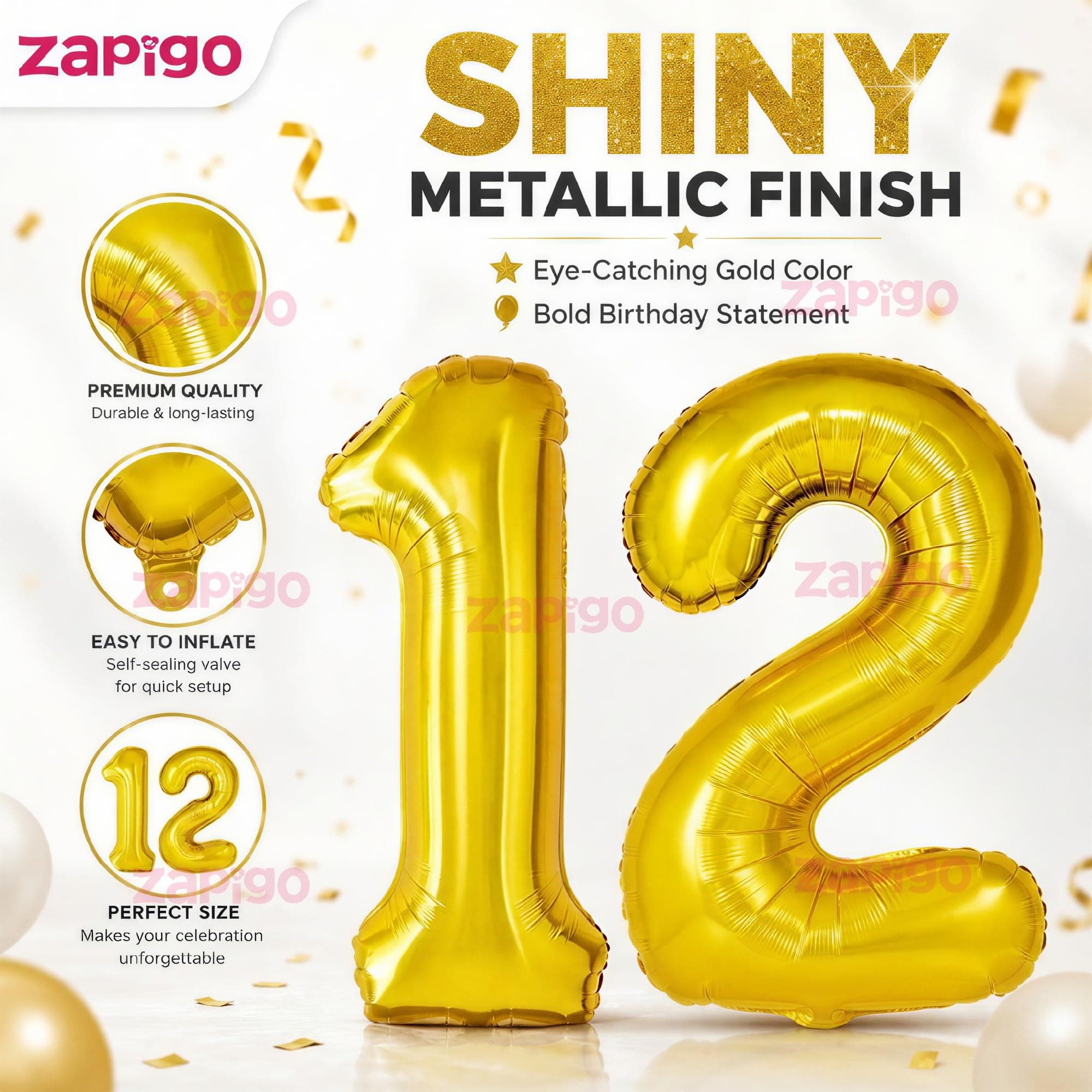 Balloonistics Number 12 Gold Foil Balloon – 17-Inch Metallic Gold “12” Balloon for 12th Birthday & Kids Party Decorations (Gold, Pack of 2) thumbnail 6