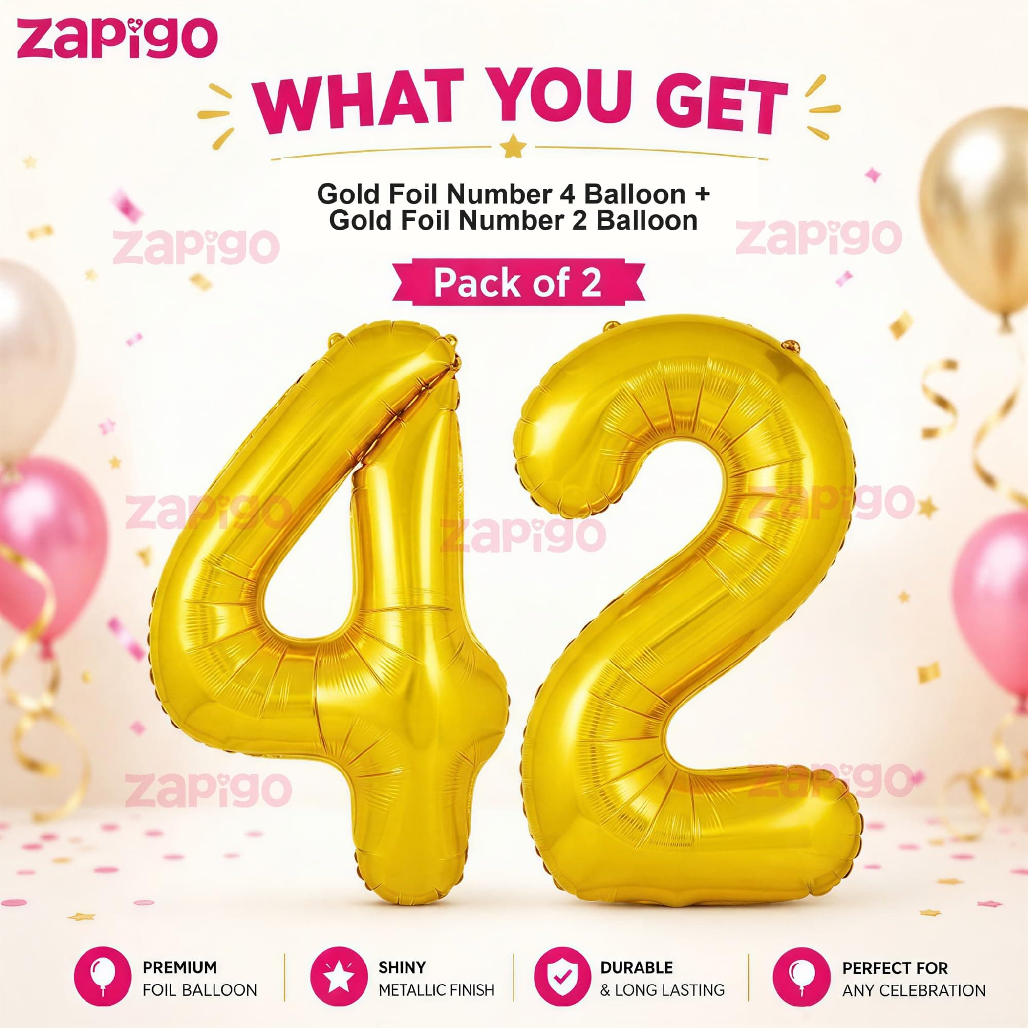 Balloonistics Gold Number 42 Foil Balloon – Large Metallic Gold Number Forty Two Balloon for 42nd Birthday, Anniversary & Party Decorations (Gold, Number 42) thumbnail 2
