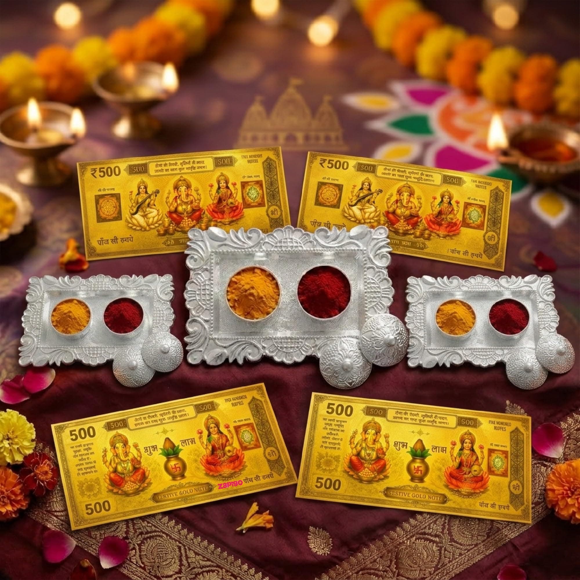 Habba Kumkum Silver Set & Festive Gold Note, Decorative Haldi Kumkum Holder with Lid, Traditional Return Gift for Diwali, Navratri, Wedding, Housewarming, Baby Shower & Tambulam - Pack of 10