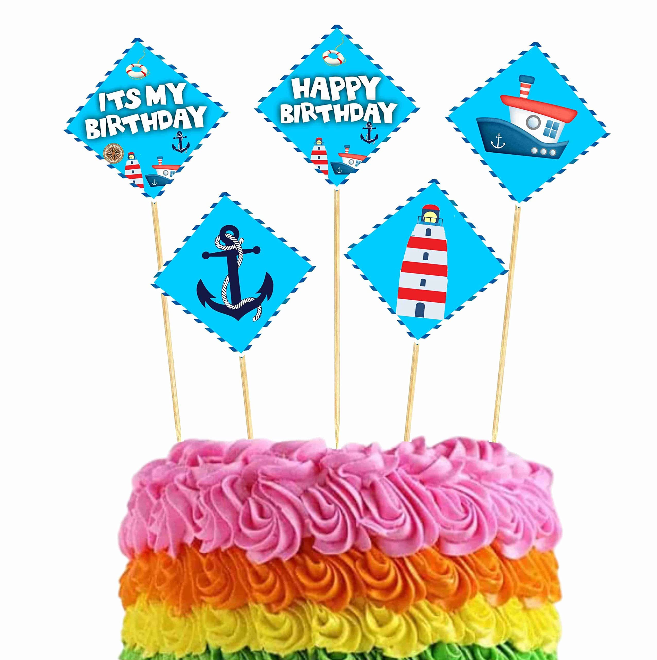 Balloonistics Sailor Theme Cake Topper – Pack of 10 Premium Cardstock Cupcake & Cake Picks with Bamboo Sticks – Nautical Navy Blue & Red Decorations for Kids Birthdays