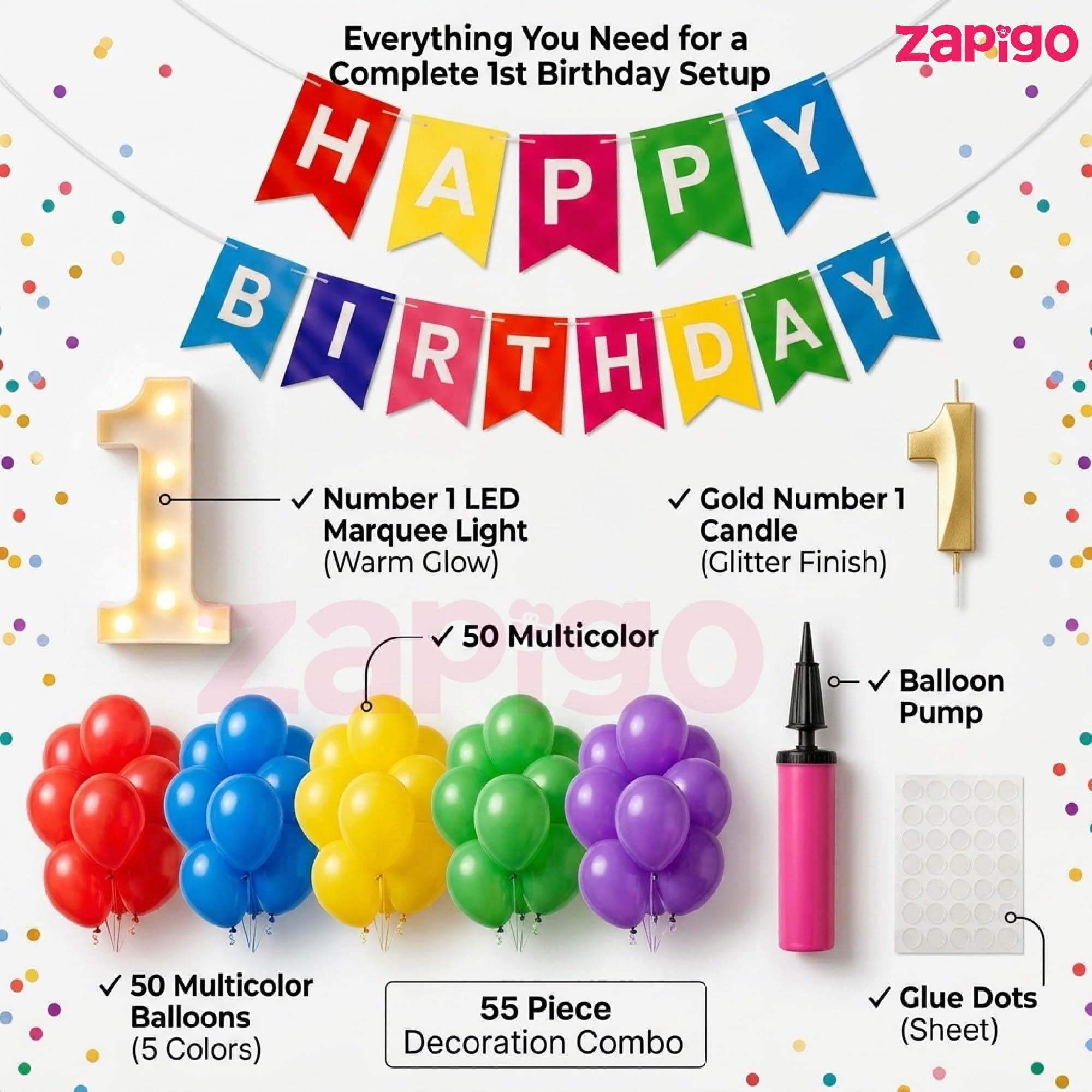 Balloonistics 55-Piece 1st Birthday Decoration Kit - Number 1 Foil Balloon, Happy Birthday Banner, Latex Balloons, Arch Tools for First Birthday Party Decor thumbnail 6