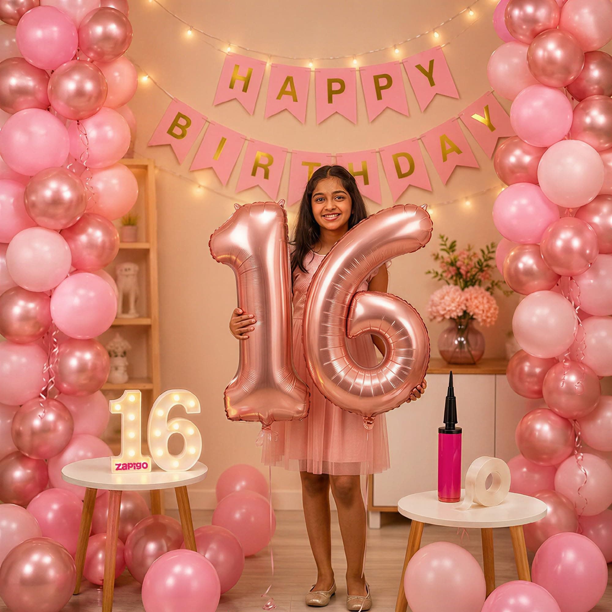 Balloonistics 16th Birthday Decoration Combo Kit - 40 Inch Rose Gold Foil Number Balloon, LED Marquee Light, 50 Rose Gold & Pink Balloons, Happy Birthday Banner, Balloon Pump & Glue Dots thumbnail 1