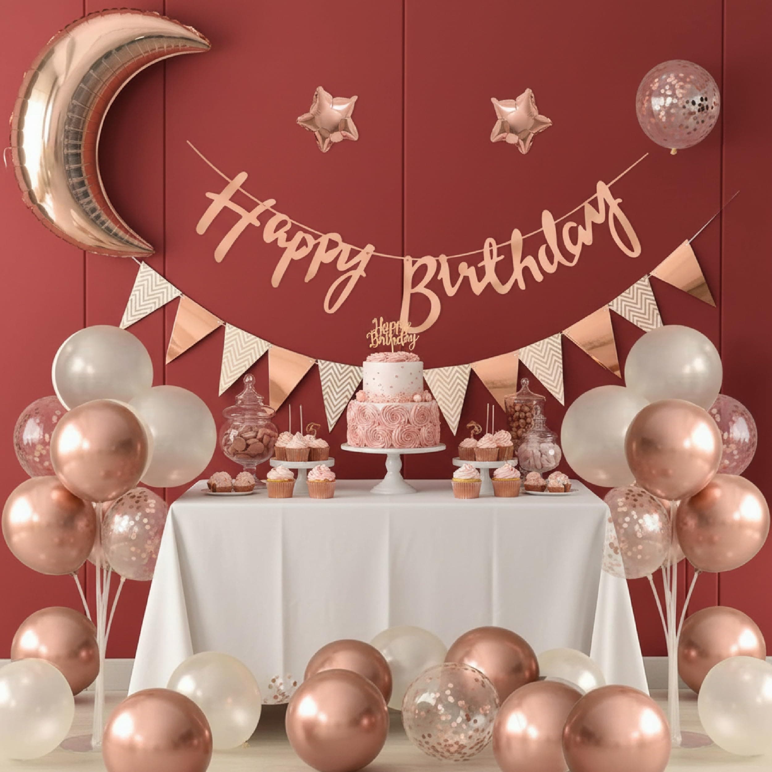 Balloonistics 42 Pcs Rose Gold Birthday Decoration Kit for Girls & Women – Includes Happy Birthday Banner, Moon & Star Foil Balloons, Pennant Banner & 35 Latex Balloons thumbnail 1