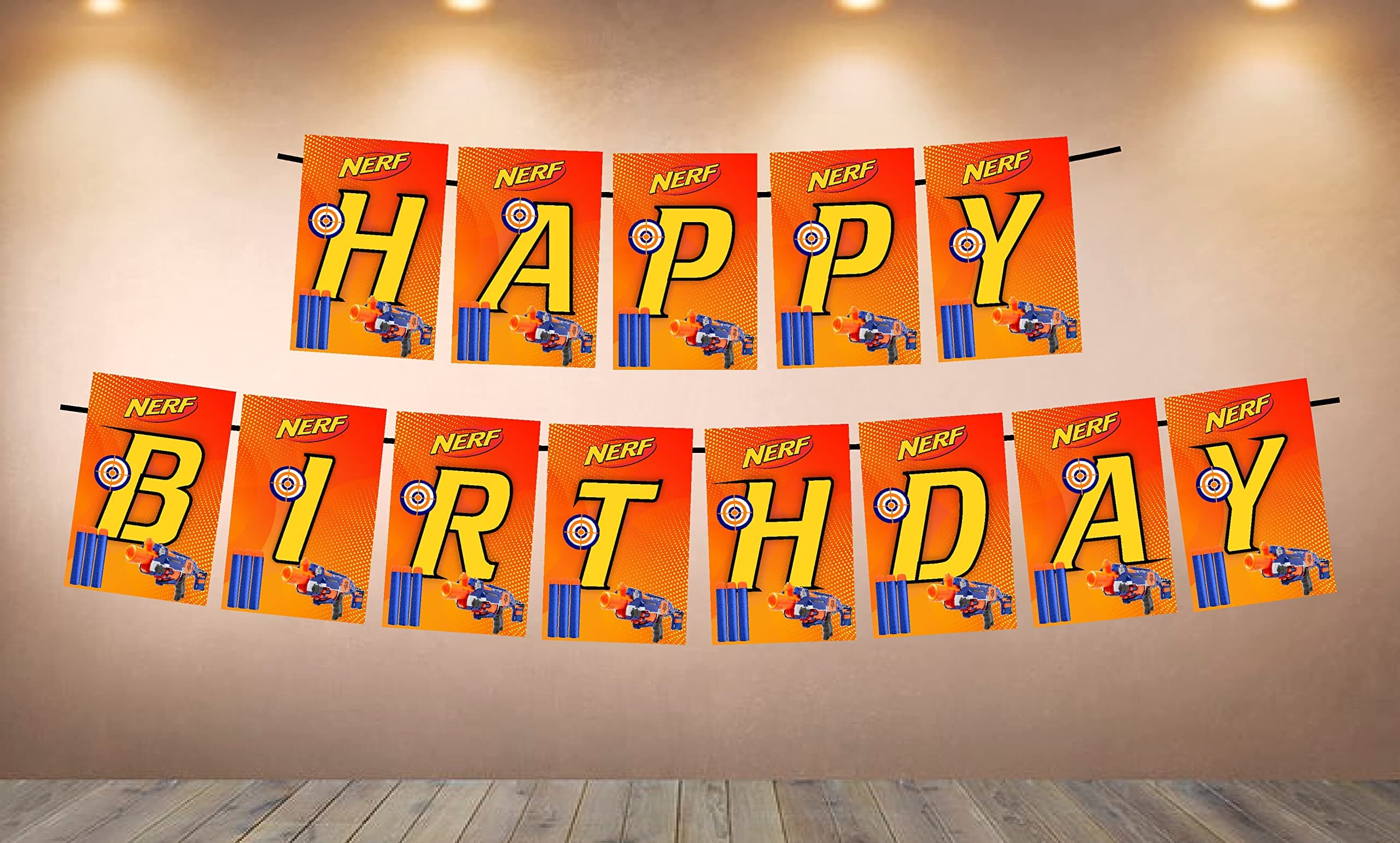 Dart Blaster Theme Happy Birthday Banner - "Battle Zone" Tactical Cardstock Bunting - Blue & Orange Dart War Party Decorations, Action-Packed Birthday Backdrop (Happy Birthday Banner) thumbnail 1
