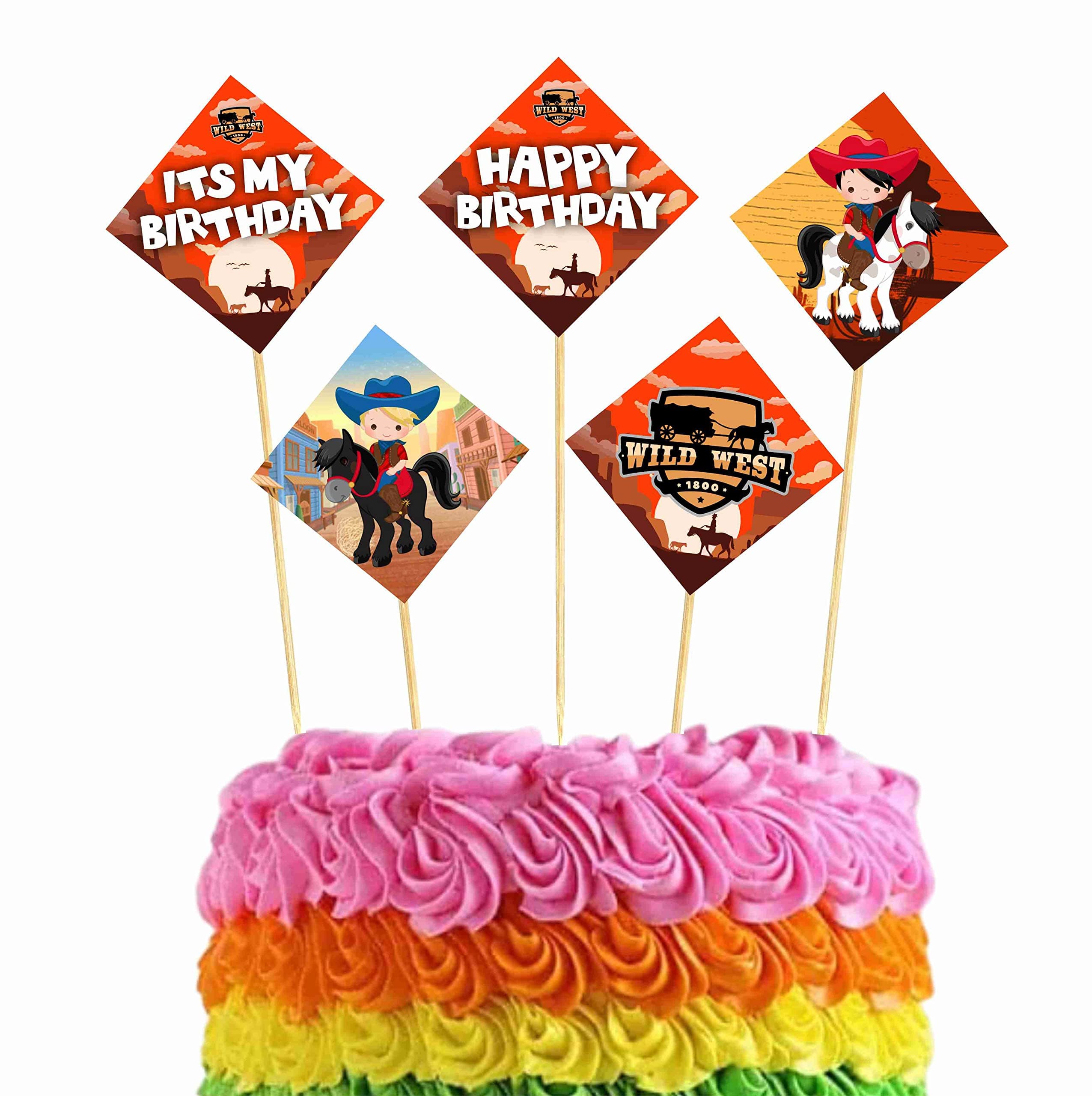 Balloonistics Cowboy Theme Happy Birthday Cake Toppers -Western Outlaw Birthday Decorations - Premium Cardstock Double-Sided Sheriff Badge & Boot Picks (Cake Topper-Pack of 10)