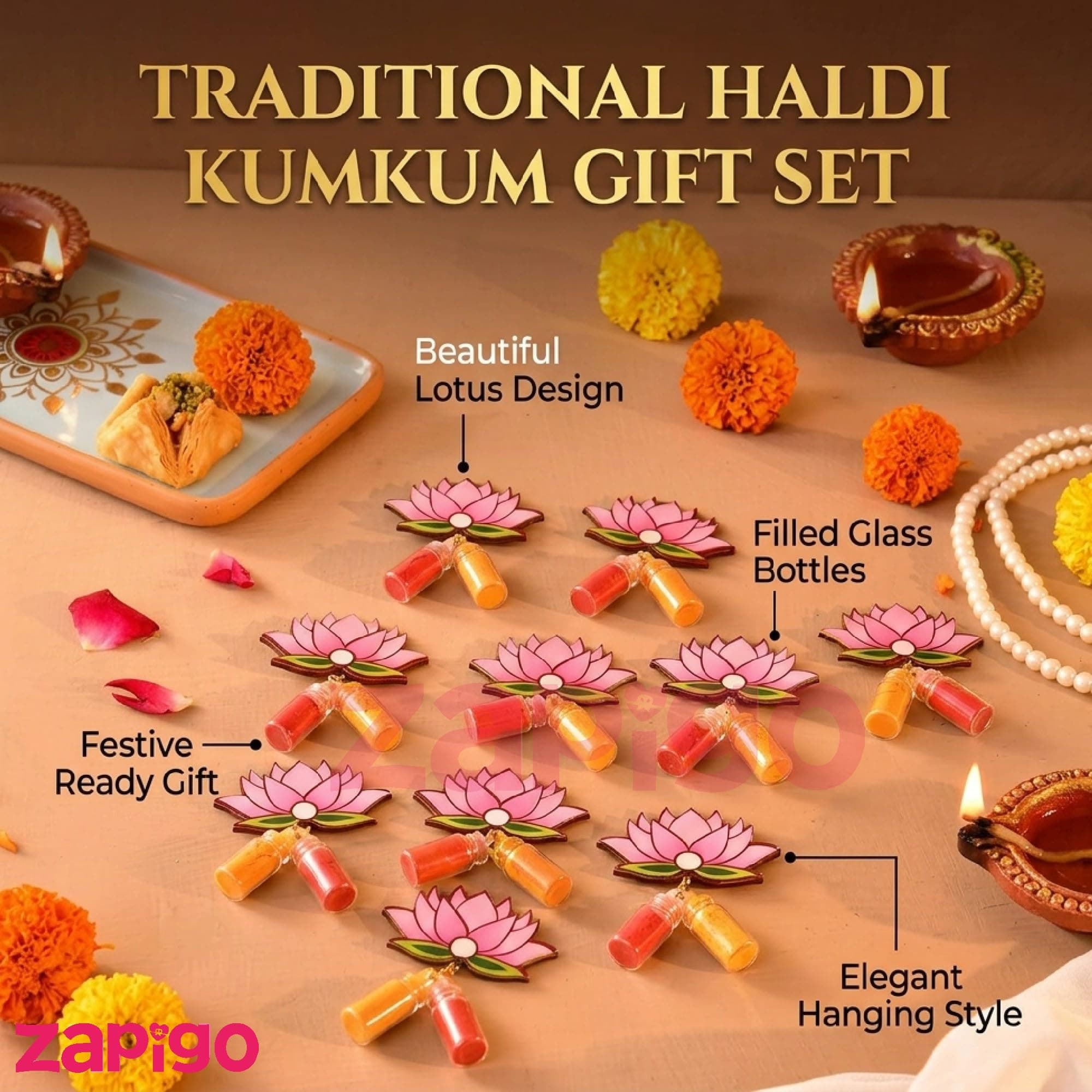Habba Lotus Design Haldi Kumkum Set, Pasupu Kumkum in Dome Glass Bottle, Traditional Return Gift for Wedding, Pooja, Diwali, Navratri, Varalakshmi Vratham & Indian Festivals - Pack of 10 thumbnail 3