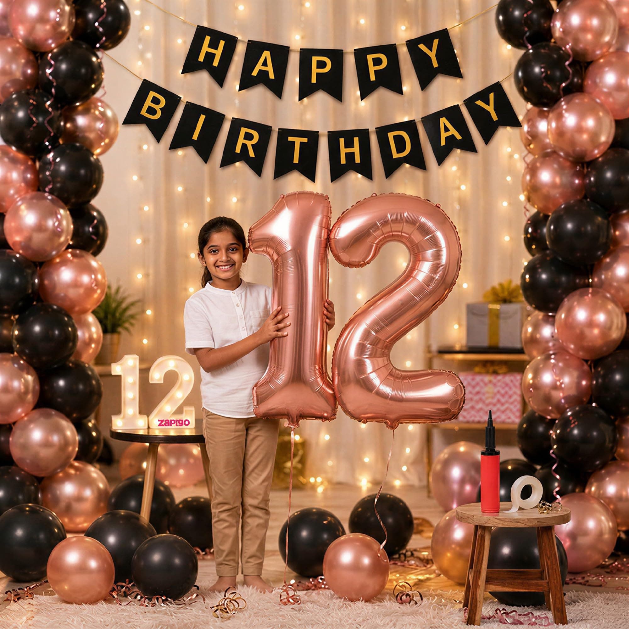 Balloonistics 12th Birthday Decoration Combo Kit - 40 Inch Rose Gold Foil Number Balloon, LED Marquee Light, 50 Rose Gold & Black Balloons, Happy Birthday Banner, Balloon Pump & Glue Dots thumbnail 1