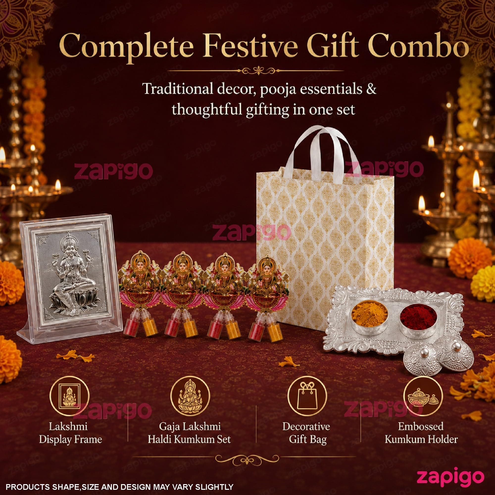 Habba Lakshmi Frame Pooja Return Gift Combo for Women, Lakshmi Kumkum, Carry Bag, Kumkum Set, Traditional Haldi Kumkum Tambulam Hamper for Varalakshmi Vratham, Weddings, Festivals, Pack of 5 thumbnail 2