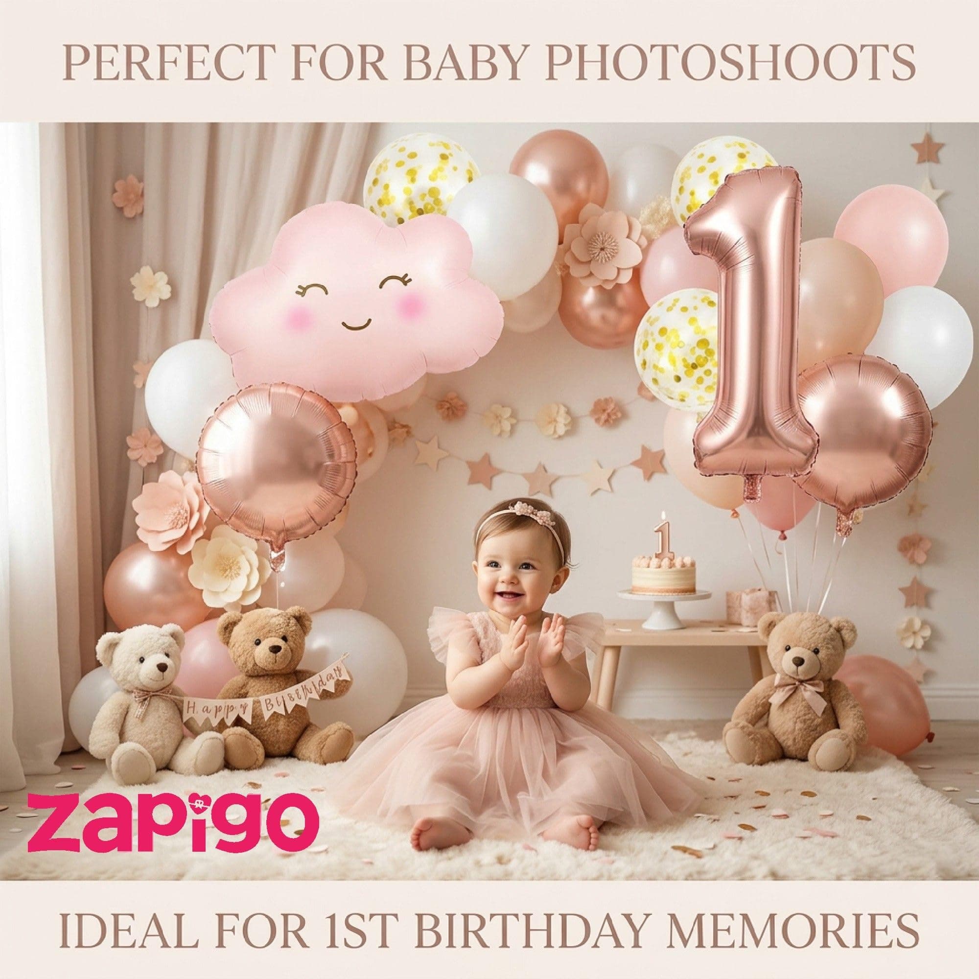 Balloonistics 1St Birthday Pink Cloud Theme Happy Birthday Balloon Bouquet Pack Of 5 thumbnail 5