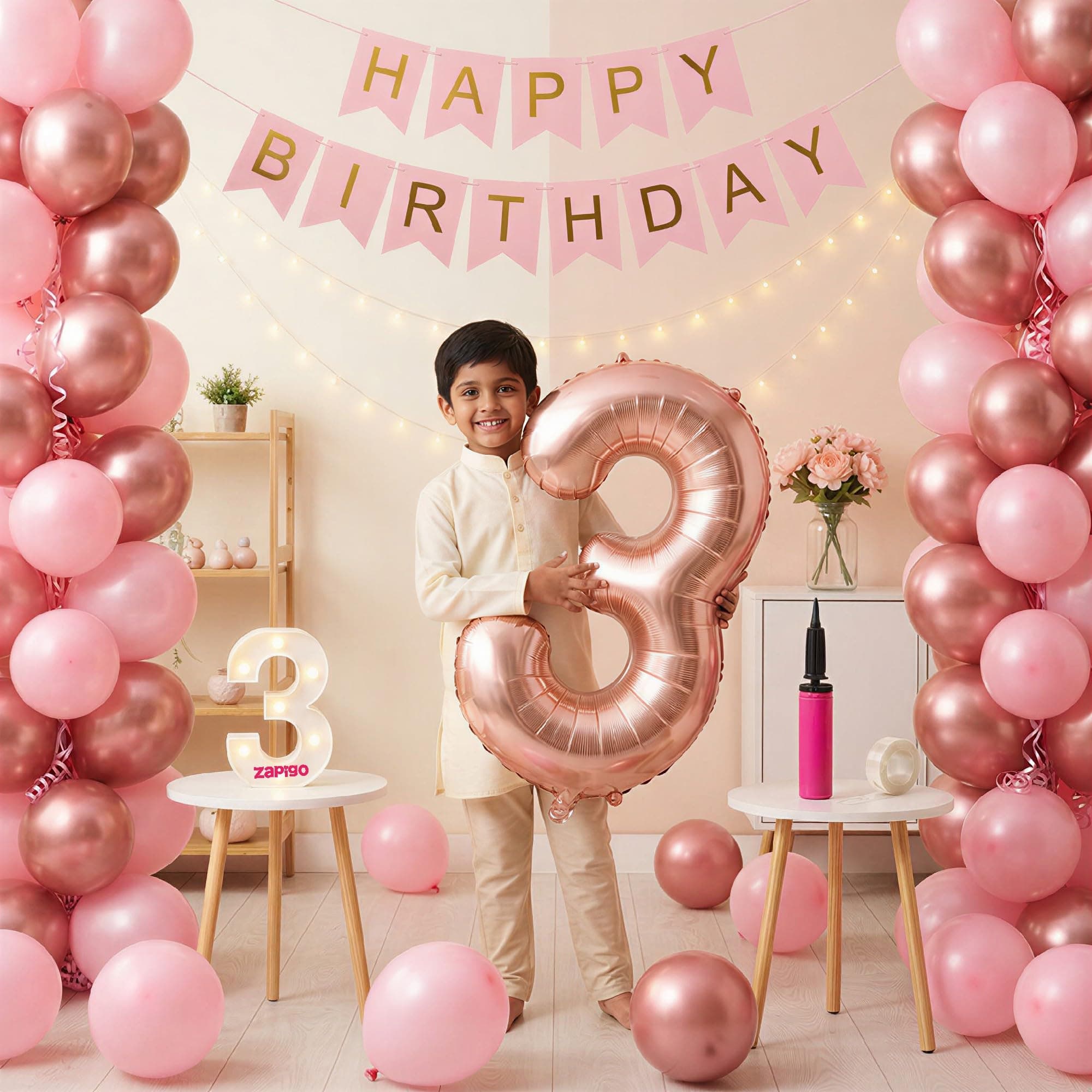 Balloonistics 3rd Birthday Decoration Combo Kit - 40 Inch Rose Gold Foil Number Balloon, LED Marquee Light, 50 Rose Gold & Pink Balloons, Happy Birthday Banner, Balloon Pump & Glue Dots