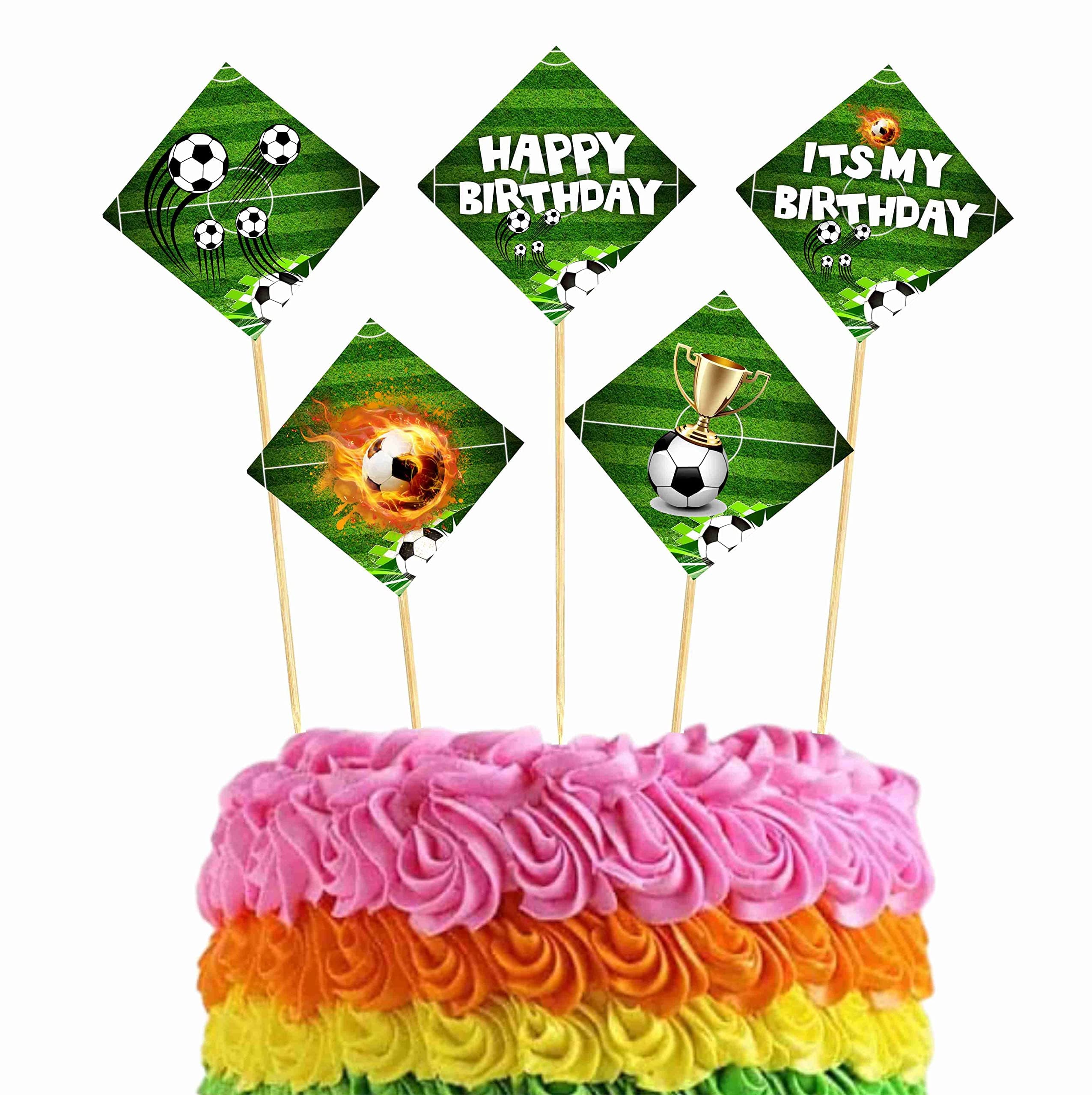 Balloonistics Football Theme Happy Birthday Cake Toppers - Soccer Stadium Birthday Cake Decorations - Premium Cardstock Dessert Picks with Bamboo Sticks for Boys, Kids Cake Topper - Pack of 10)